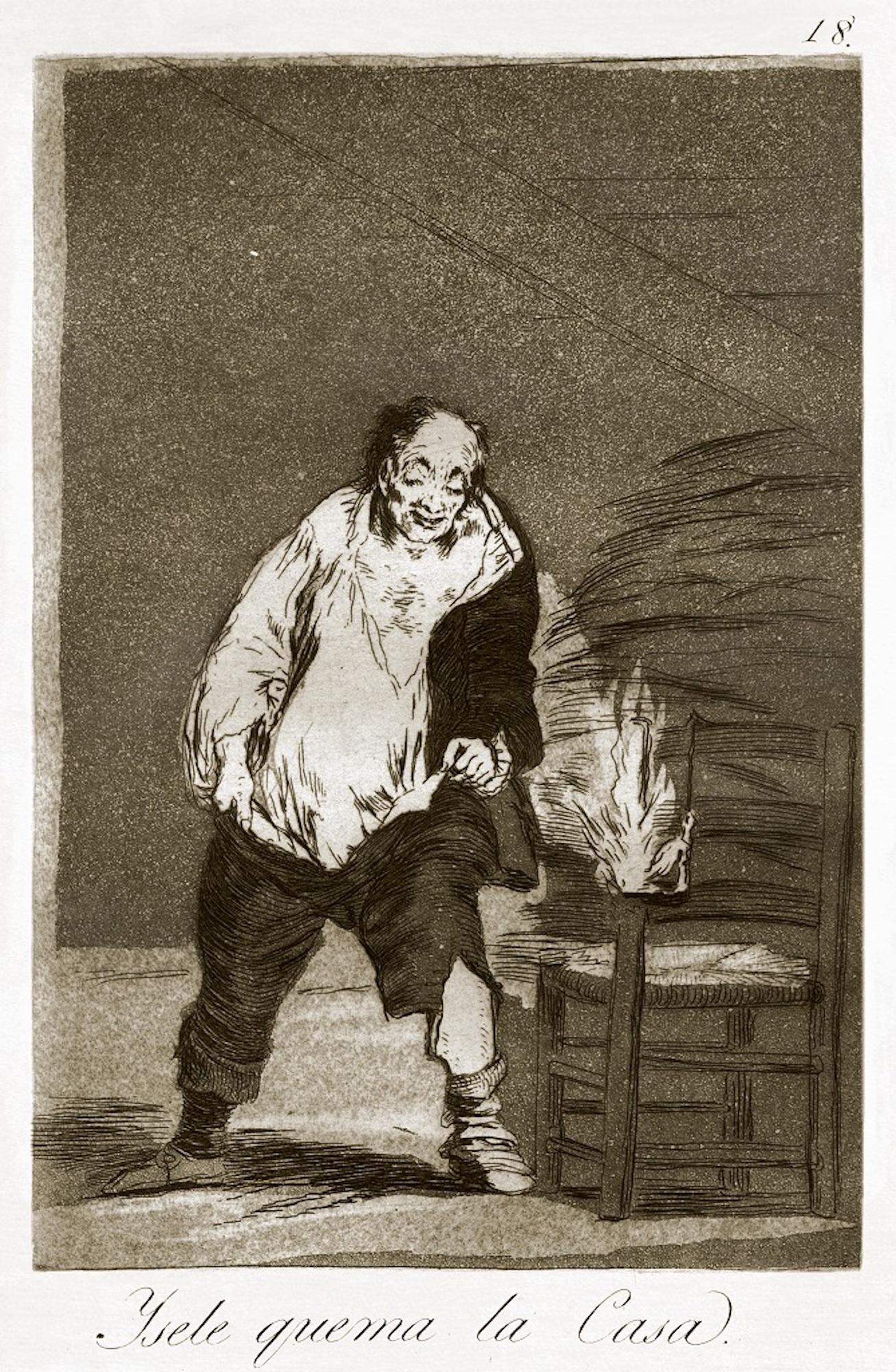 Y se le quema la casa  - Original Etching by Francisco Goya - 1868