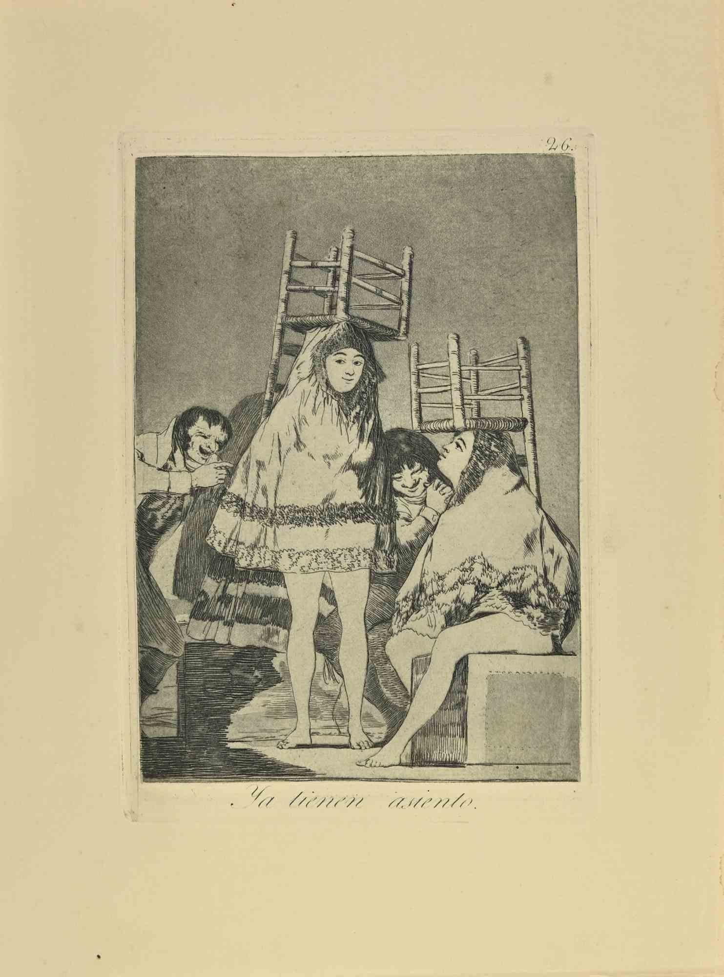 Ya Tienen Asiento è un'acquatinta, puntasecca e acquaforte in bianco e nero stampata con inchiostro blu-nero su carta vergata tratta dai Caprichos realizzati da Francisco Goya nel 1881-1886.

6a edizione.Ottima impressione.

Madrid: Calcografia