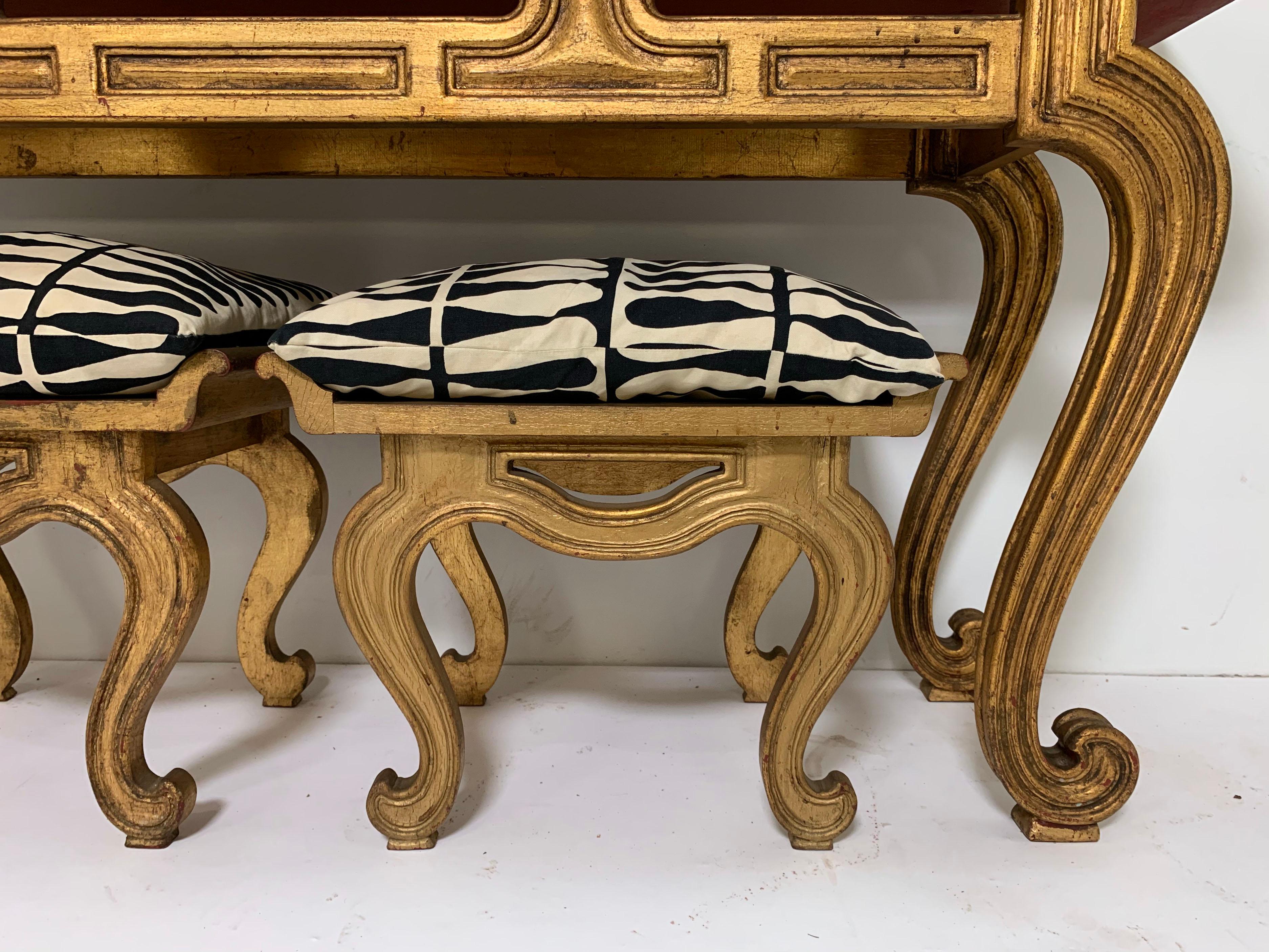 Francisco Hurtado Carved Giltwood Console Table and Stools, circa 1950s In Good Condition In Peabody, MA