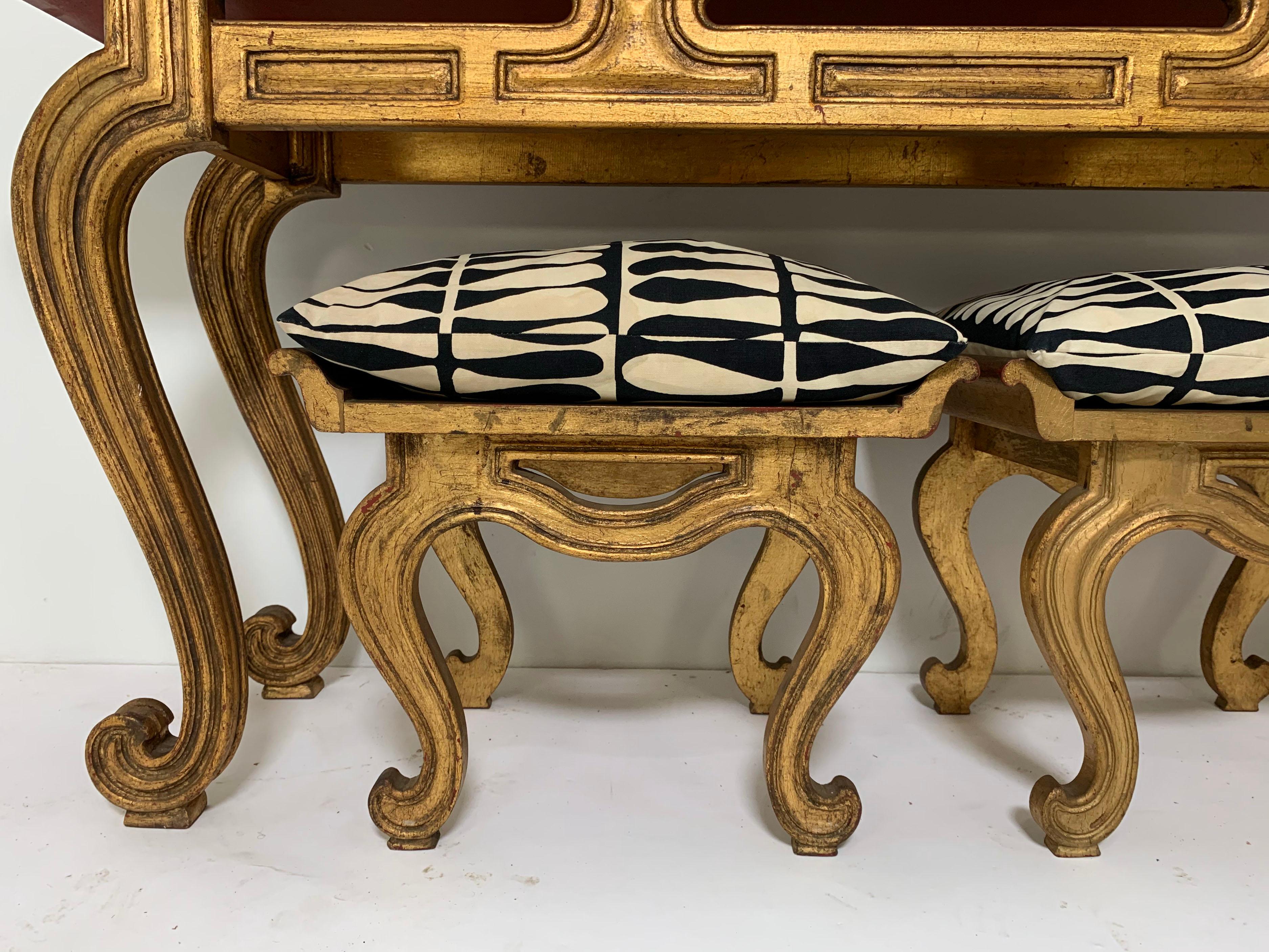 Mid-20th Century Francisco Hurtado Carved Giltwood Console Table and Stools, circa 1950s