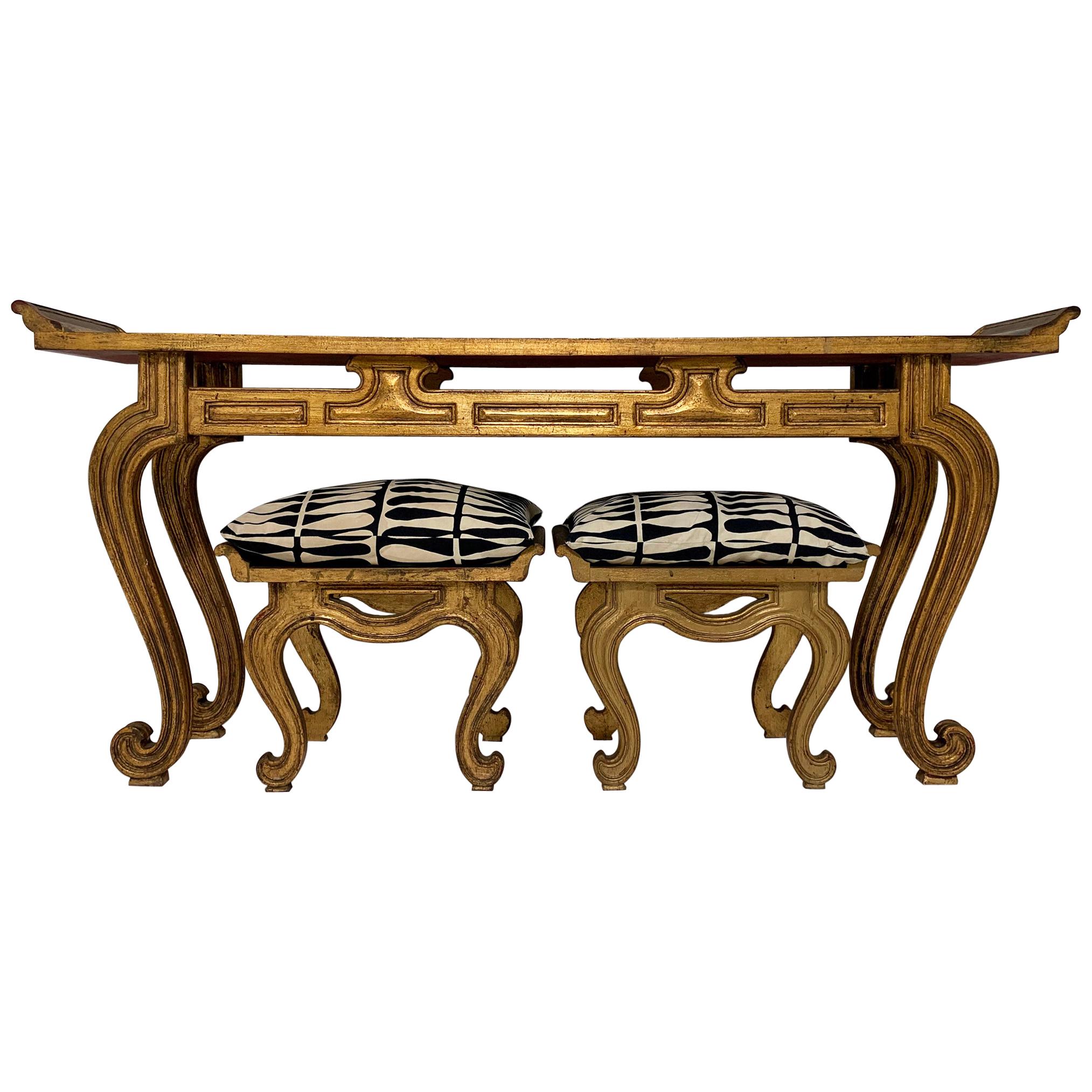 Francisco Hurtado Carved Giltwood Console Table and Stools, circa 1950s