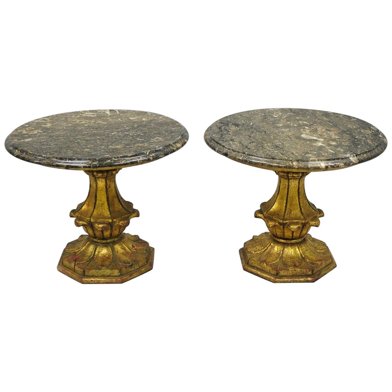 Francisco Hurtado Gold Wood Italian Hollywood Regency Marble Top End Tables Pair