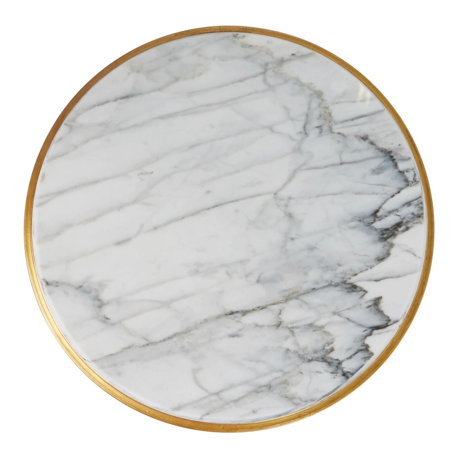 A gorgeous and very special table by Italian midcentury designer Francisco Hurtado, designed and produced in the 1950s with a white round Carrara marble top with gray veining resting on a carved wood base featuring feuilles d'acanthe in a lustrous