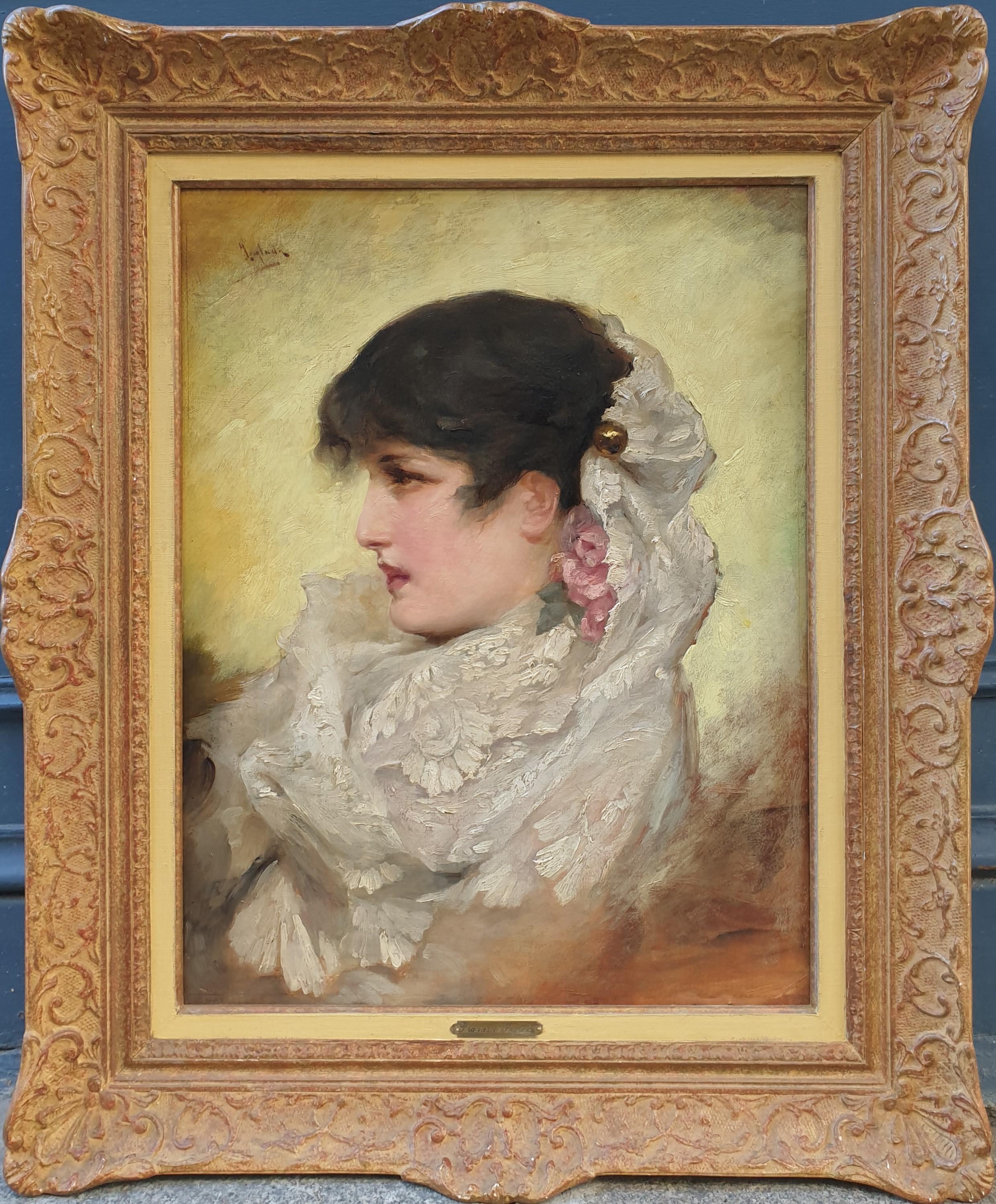 Portrait de Sarah Bernhardt en Camille dans La Dame aux camélias en Espagne 1882 19ème - Painting de Francisco INGLADA