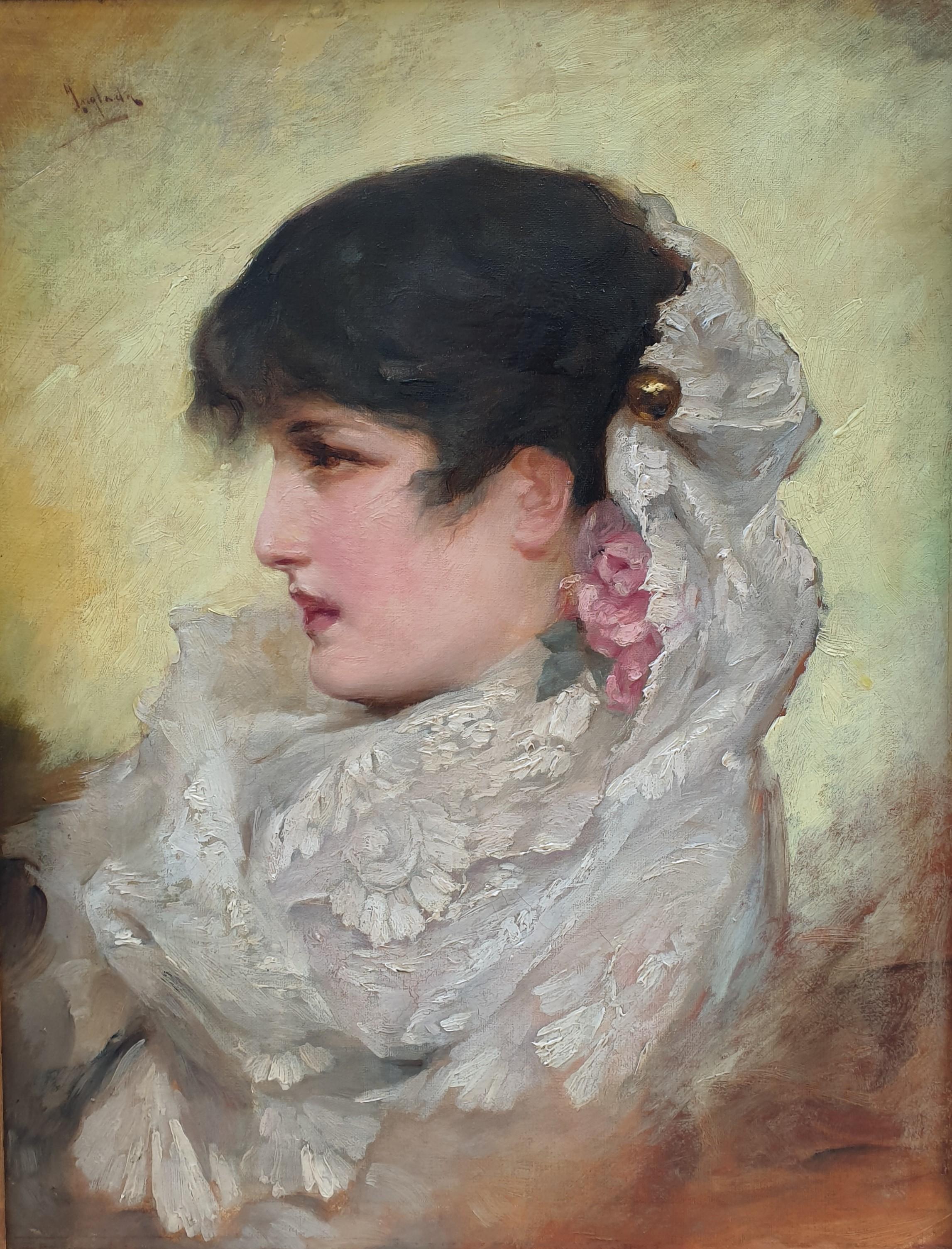 Portrait Painting Francisco INGLADA - Portrait de Sarah Bernhardt en Camille dans La Dame aux camélias en Espagne 1882 19ème