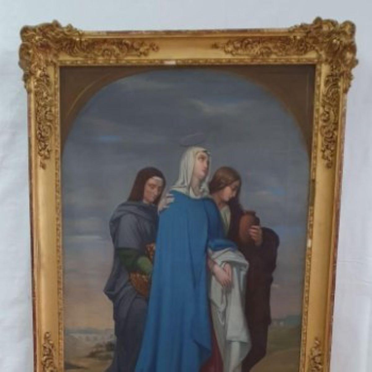 19th Century Spanish Religious Oil Painting – Virgin Mary with Two Saints - Gray Figurative Painting by FRANCISCO JAVIER MENDIGUCHIA Y NUÑEZ