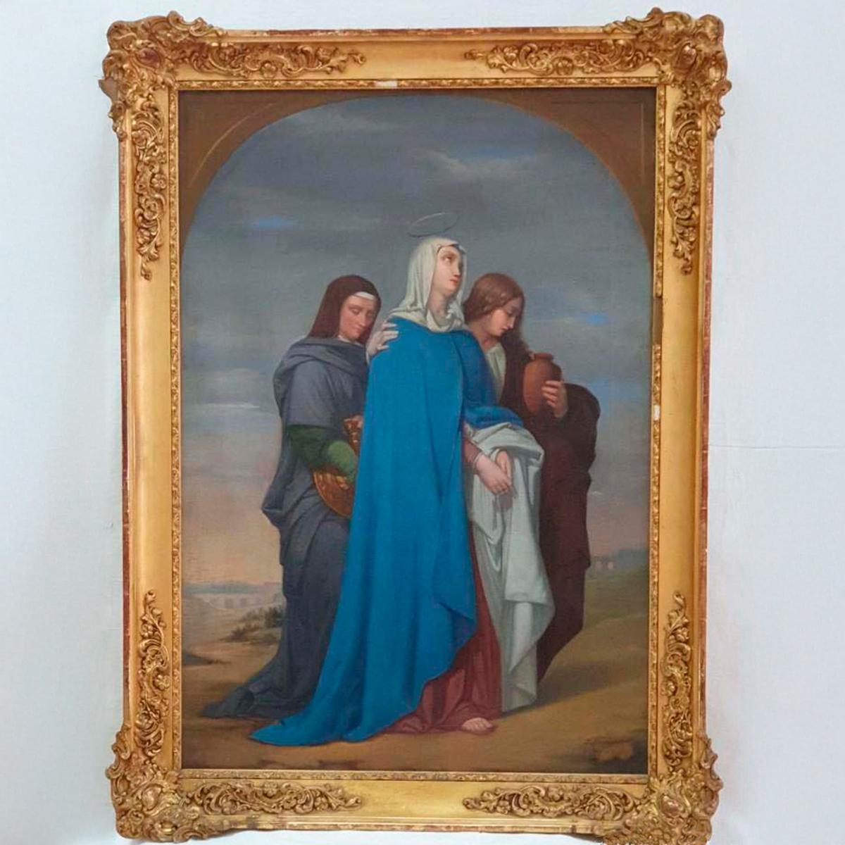 Óleo religioso español del siglo XIX - Virgen María con dos santos - Painting de FRANCISCO JAVIER MENDIGUCHIA Y NUÑEZ