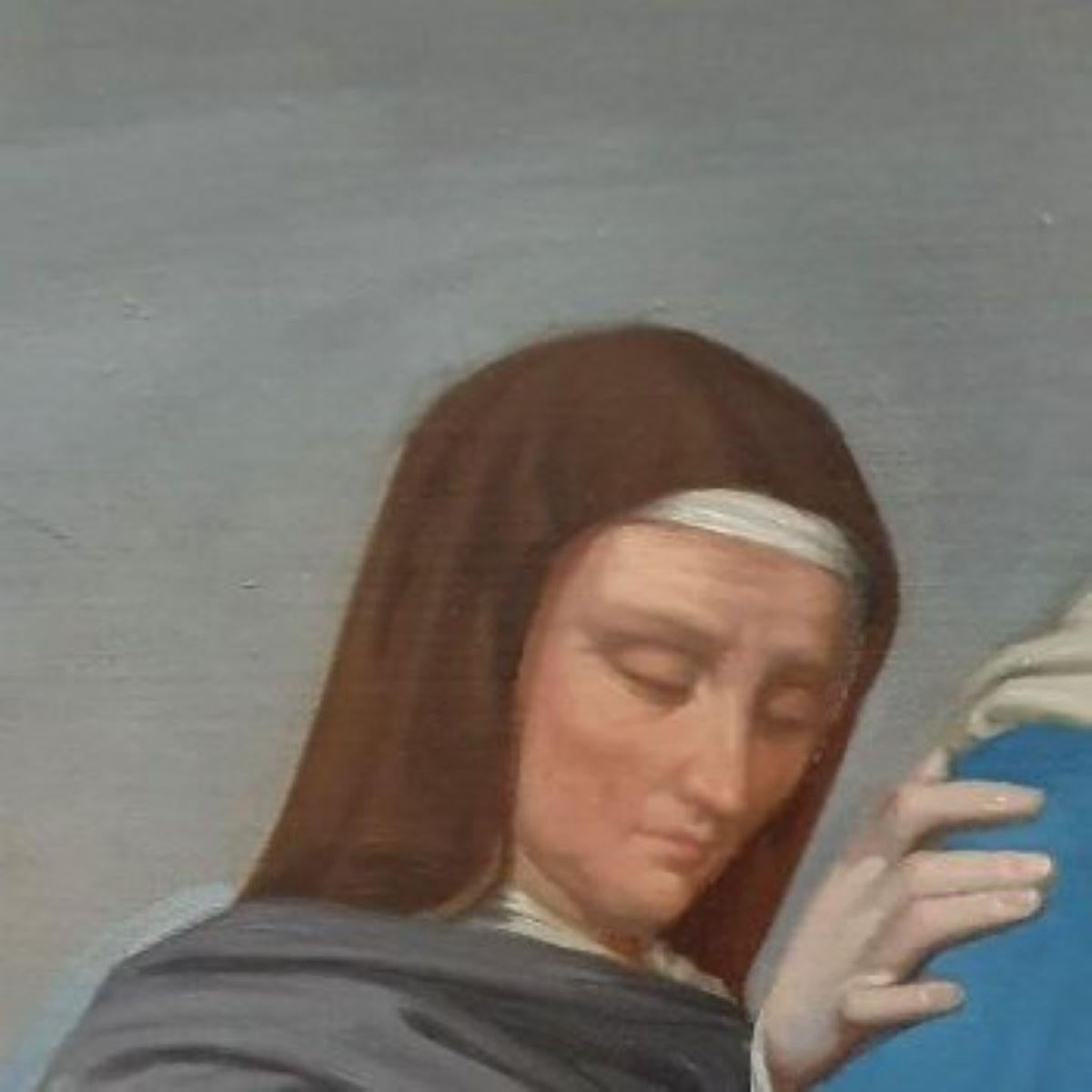 19th Century Spanish Religious Oil Painting – Virgin Mary with Two Saints For Sale 1