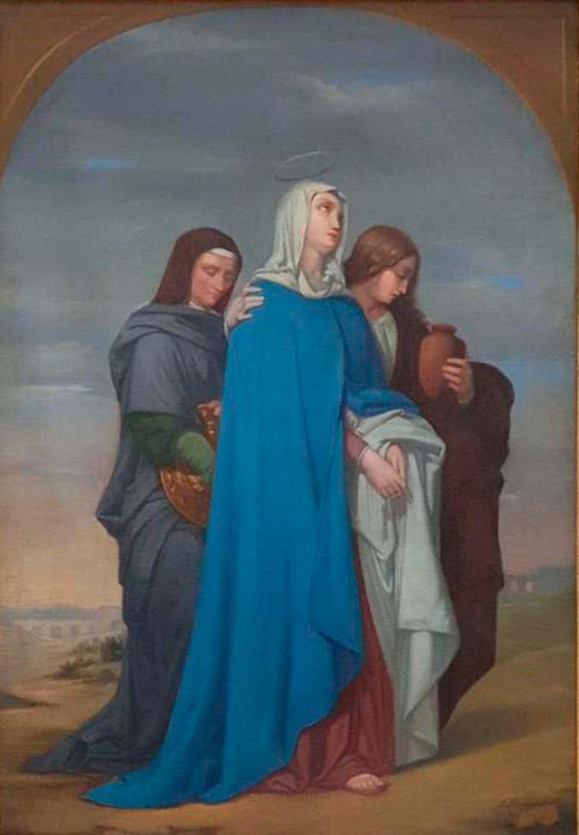 Figurative Painting de FRANCISCO JAVIER MENDIGUCHIA Y NUÑEZ - Óleo religioso español del siglo XIX - Virgen María con dos santos