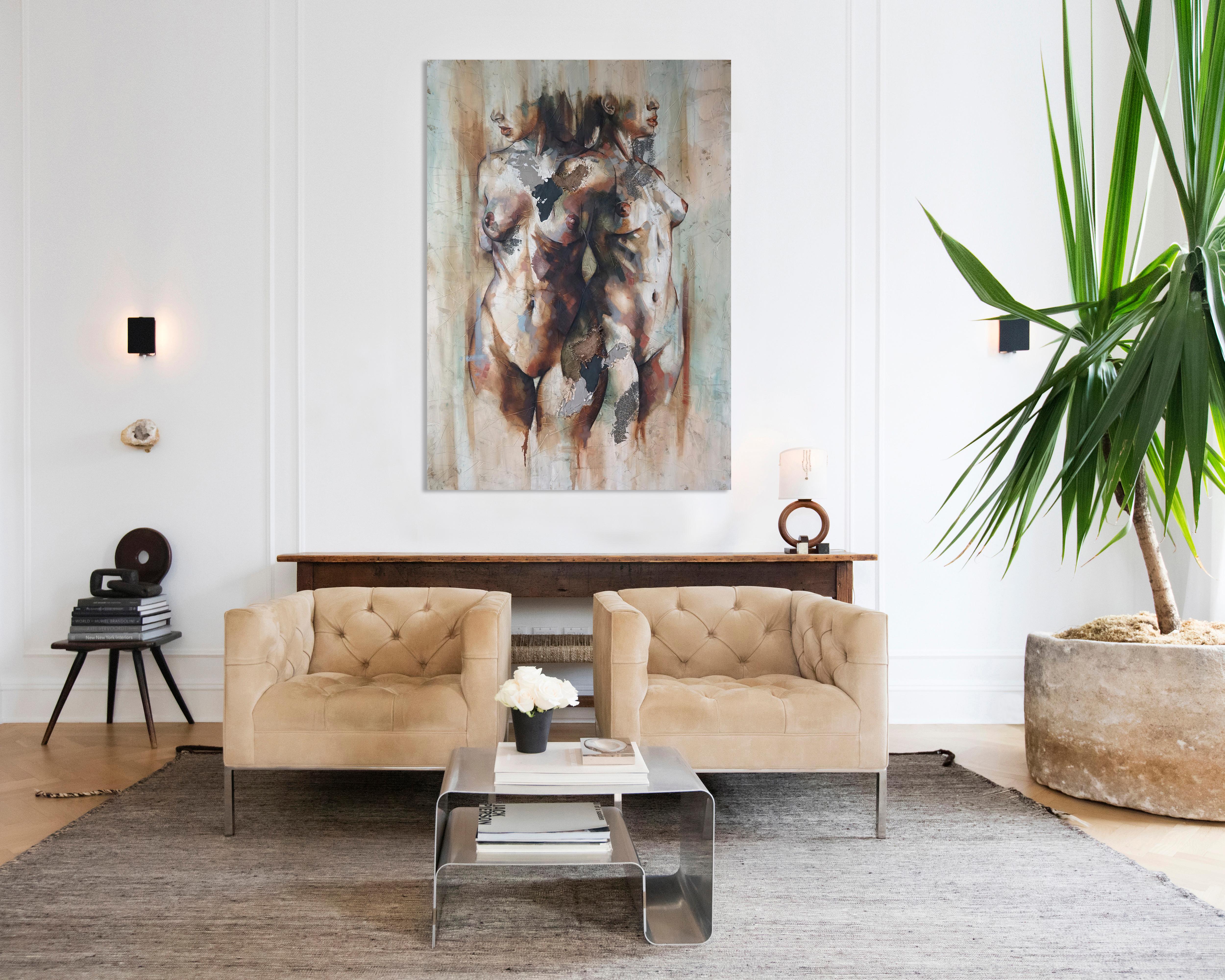 Efimero by Francisco Jimenez - Elegant Abstract Figurative painting of two women - Painting by Francisco Jose Jimenez