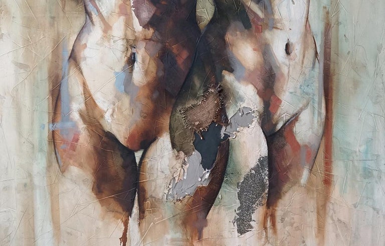 Efimero by Francisco Jimenez - Elegant Abstract Figurative painting of two women - Gray Nude Painting by Francisco Jose Jimenez