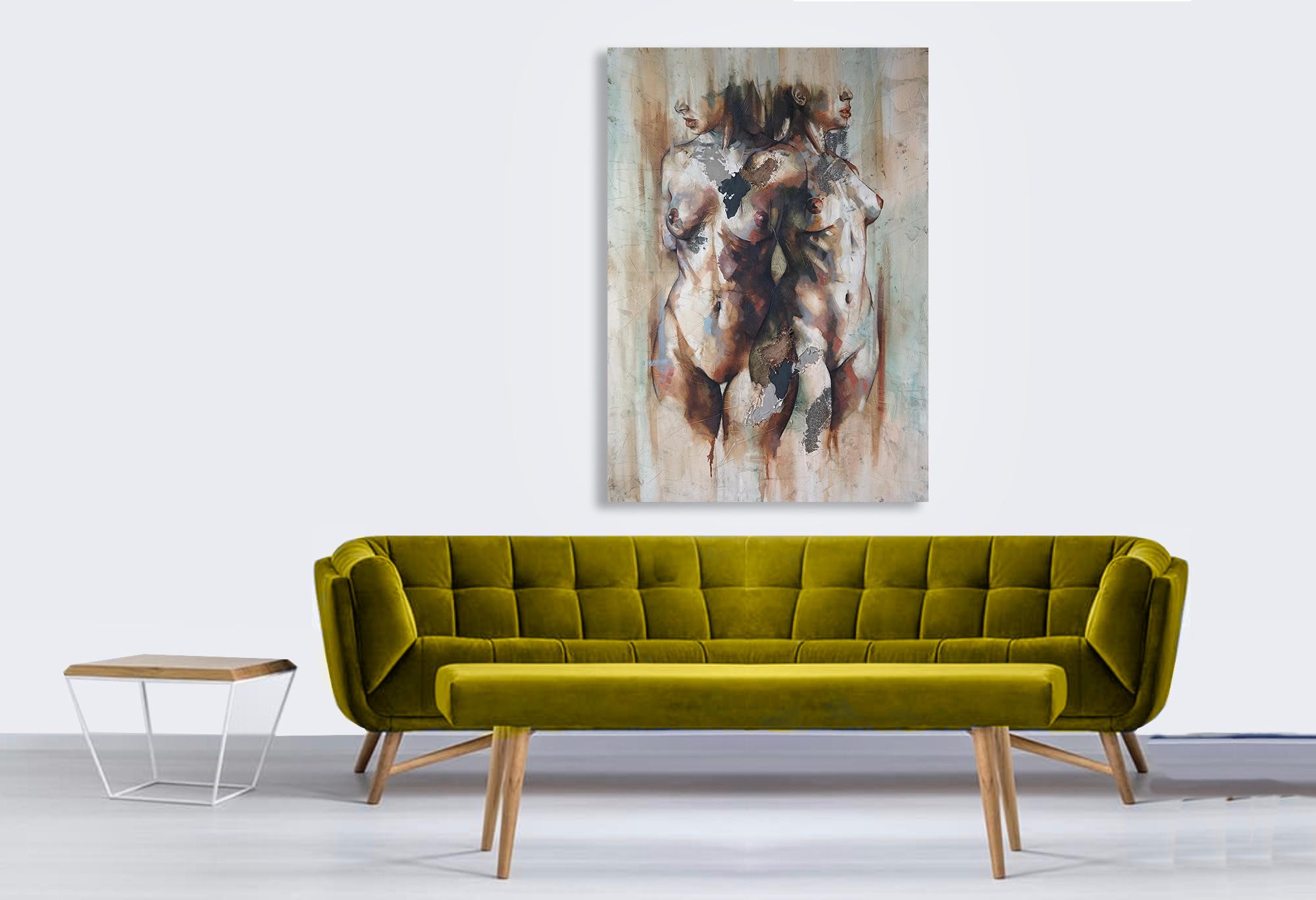 Efimero by Francisco Jimenez - Elegant Abstract Figurative painting of two women - Contemporary Painting by Francisco Jose Jimenez