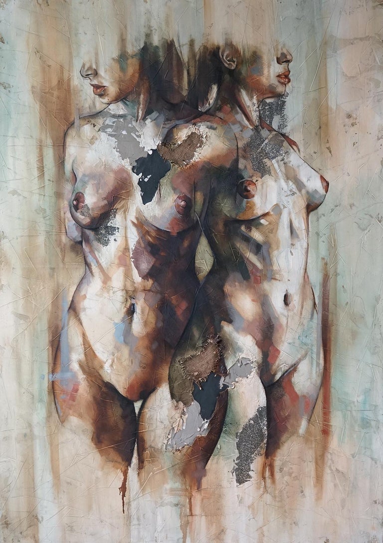 Francisco Jose Jimenez Nude Painting - Efimero by Francisco Jimenez - Elegant Abstract Figurative painting of two women