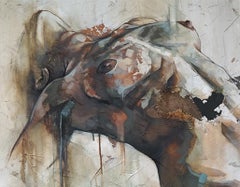 Frenesi - Mischtechnik:: strukturiertes:: abstraktes:: nudefarbenes:: figuratives Gemälde zweier Frauen