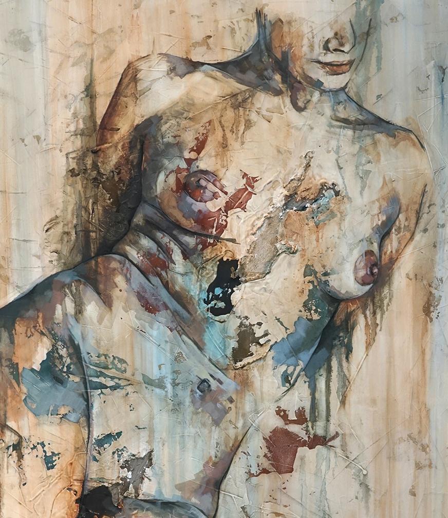 Traces by Francisco Jimenez - Contemporary Cream Nude Portrait Painting For Sale 3