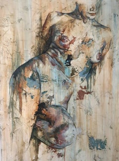 Traces par Francisco Jimenez - Peinture contemporaine de portrait de nu en crème