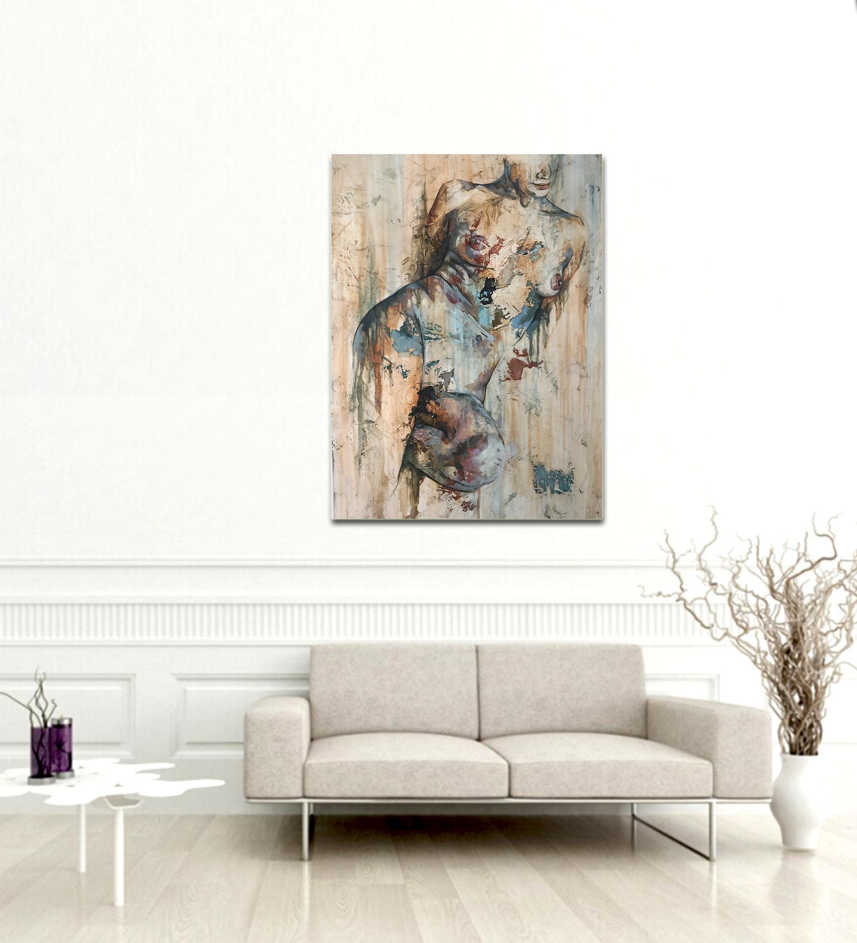 Traces by Francisco Jimenez - Modern, Abstract Painting of Nude Figurative Woman - Brown Figurative Painting by Francisco Jose Jimenez