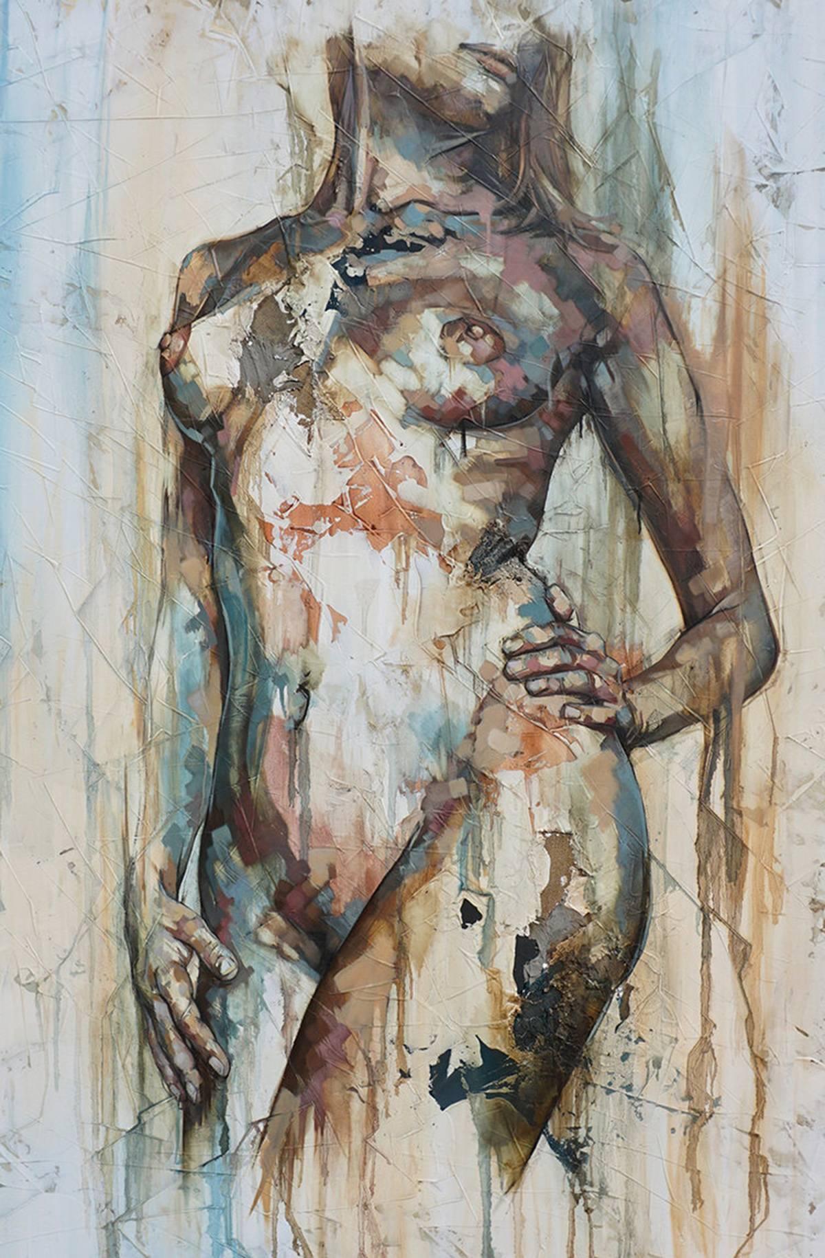 Francisco Jose Jimenez paints abstracted nude paintings using a range of materials, such as fabric, concrete, pieces of plastic etc.
His portraits tell stories of imperfect beauty, in contrast to today's perfect portrayal of naked women in the