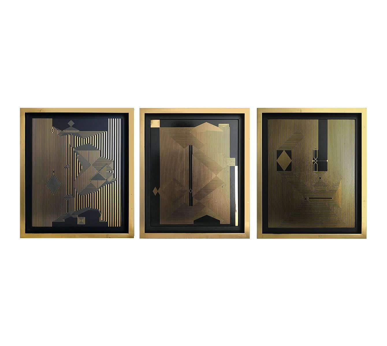 Untitled 15, 16 and Untitled 17. Mixed media abstract gold leaf painting 