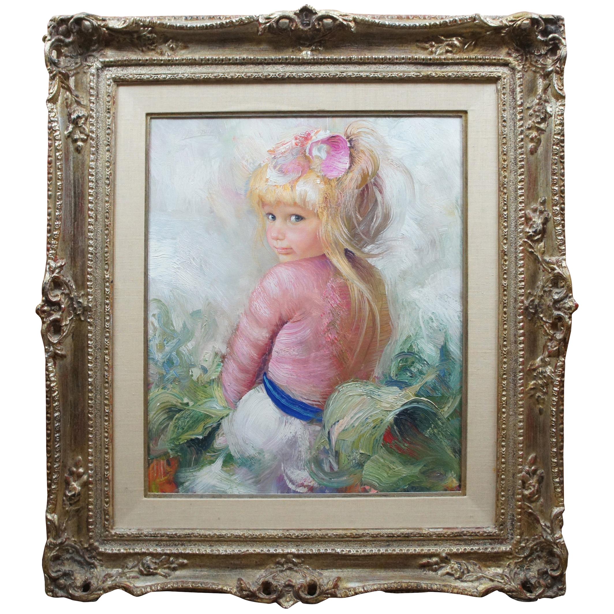 Francisco Masseria Original Oil Painting on Canvas Portrait of a Blonde Girl