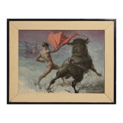 Modern Abstract Blue Toned Nude Bull Fighter Landscape Painting