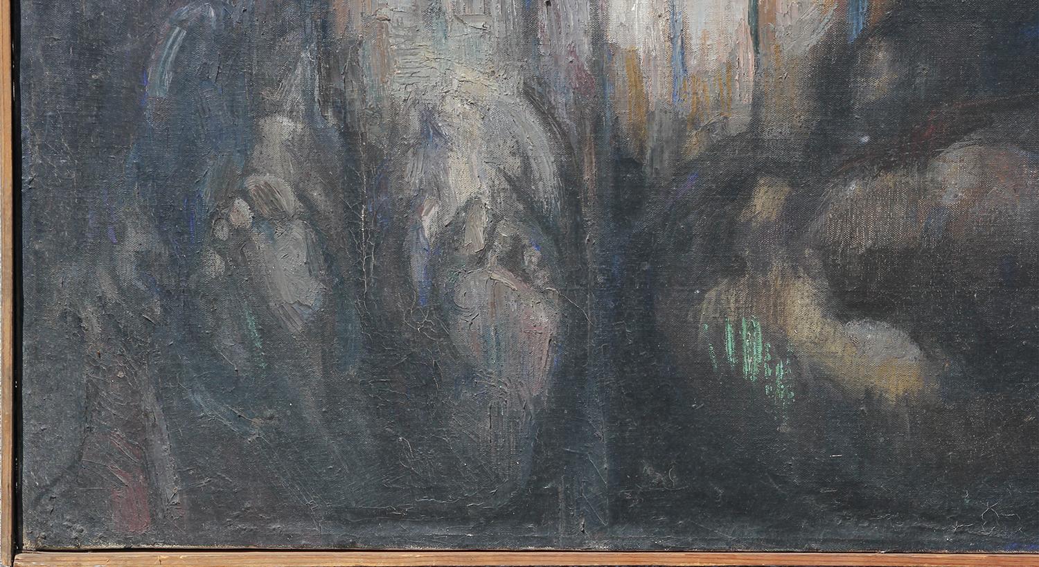 Peinture abstraite figurative aux tons noir, gris et crème de l'artiste mexicain Francisco Moreno Capdevila. L'œuvre présente divers spectres fantomatiques sans tête sur un fond noir. Signé et daté au recto dans le coin inférieur droit. 

Dimensions