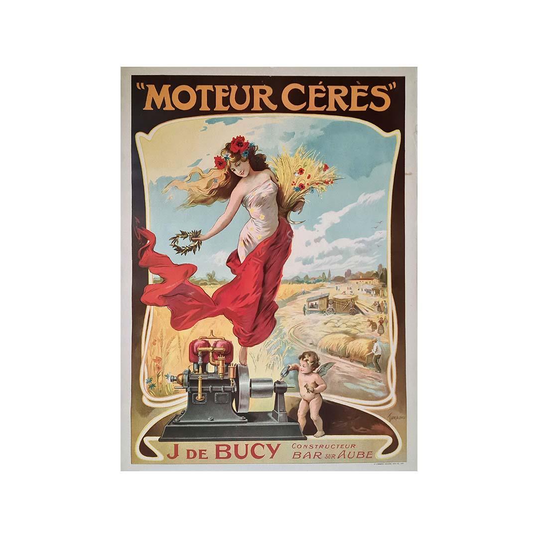 This circa 1900 original advertising poster for Moteur Cérès is a radiant example of how the industrial age was imaginatively woven into the visual language of Art Nouveau. Designed by the celebrated Italian-French poster artist Giovanni Maria