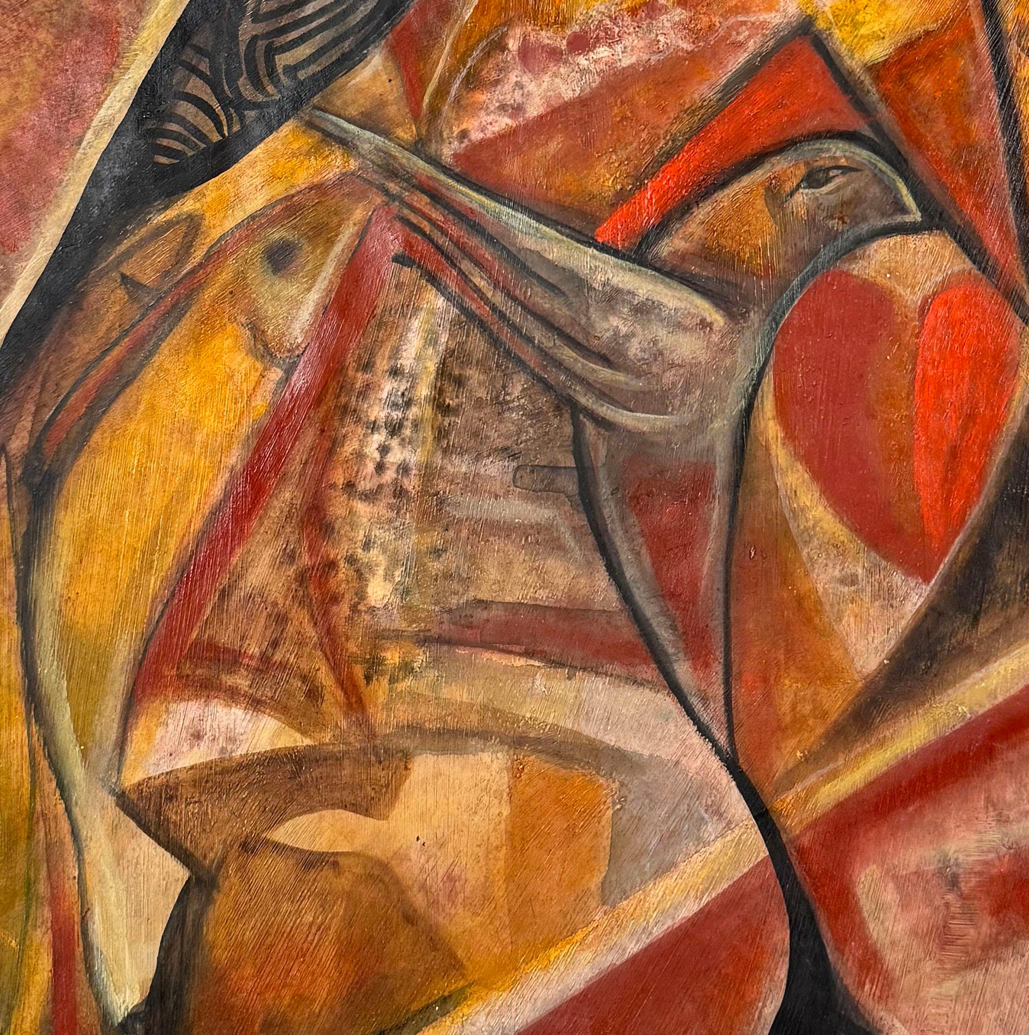 Muchacha presenta una figura femenina estilizada con tonos terrosos y una composición que entrelaza motivos naturales como peces y un pájaro. El pez podría sugerir temas de fertilidad, ciclos de vida o conexión con el agua, mientras que el pájaro