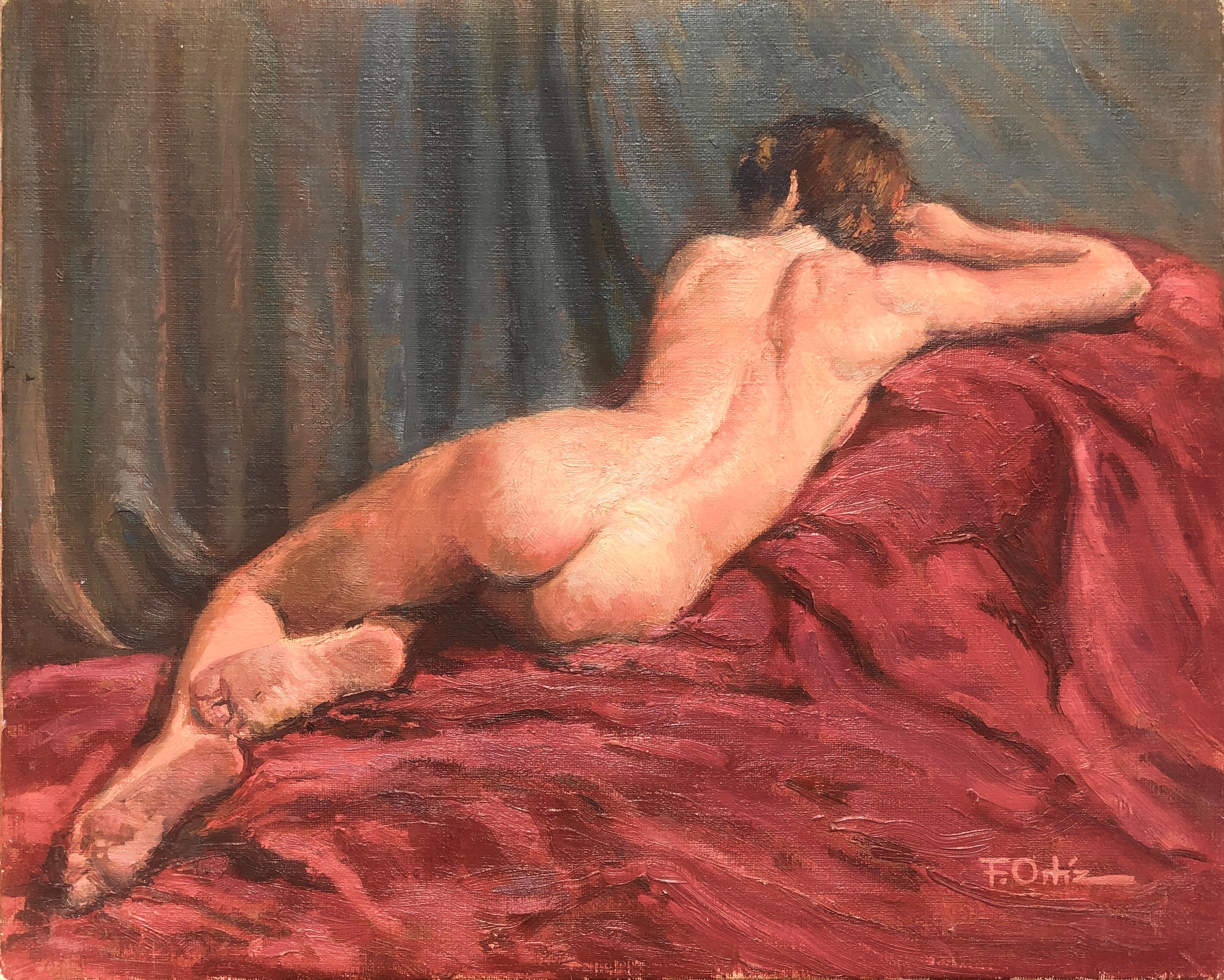 Francisco Ortiz Nude Painting - female nude woman oil on canvas painting