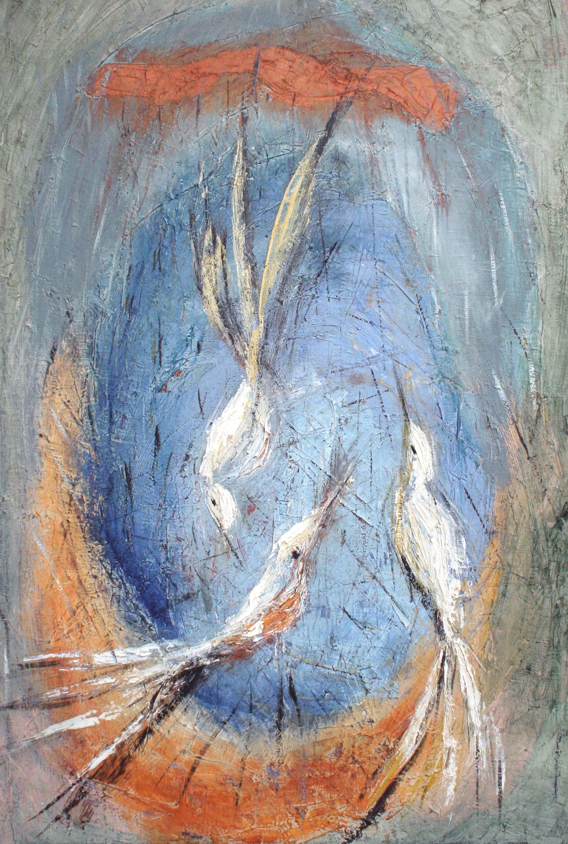 Three Birds Serenading the Moon II - Mid Century Modern Abstract  - Painting by Francisco 