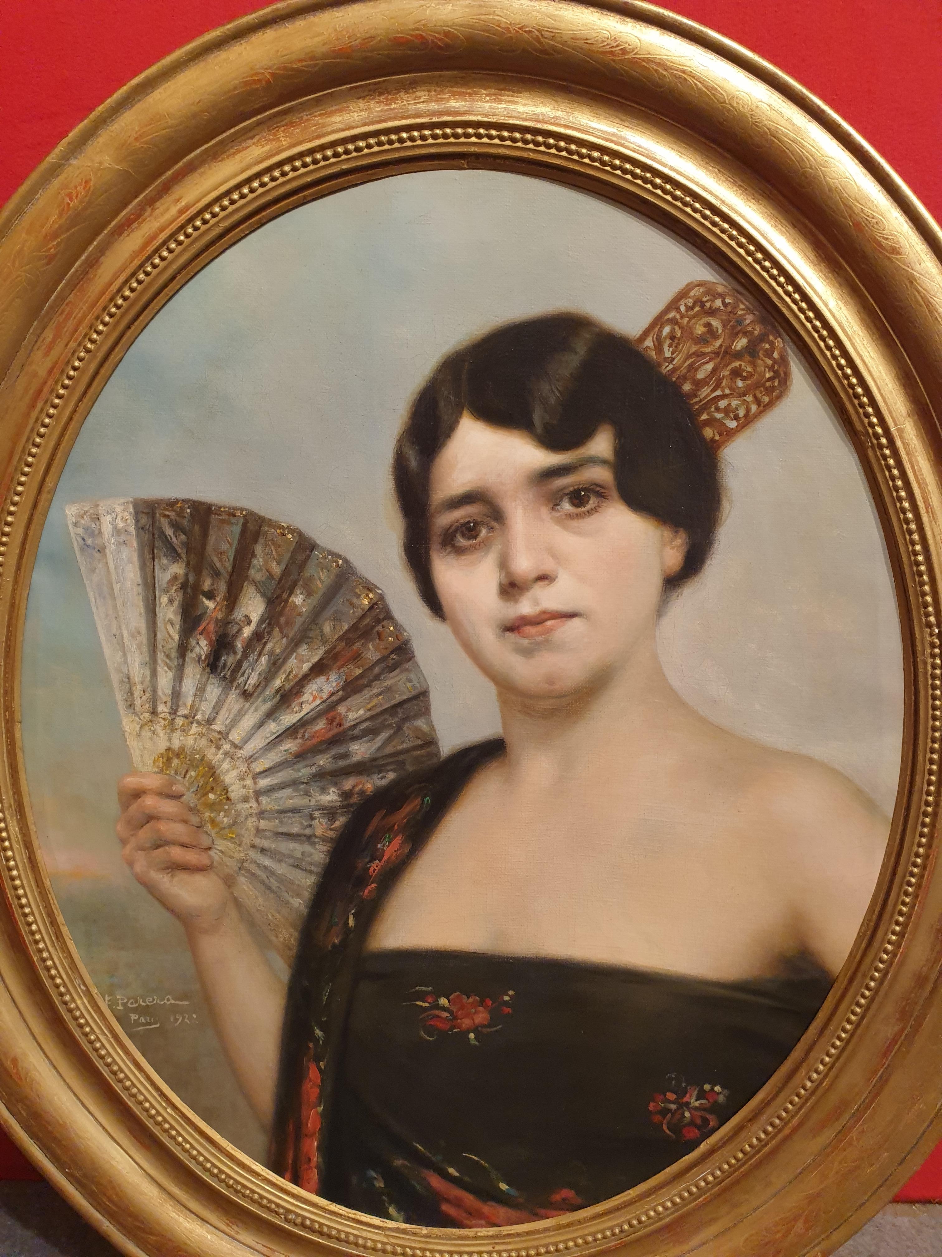 Portrait Painting de Francisco PARERA - PARERA Retrato abanico mujer elegante española Belle Epoque XX