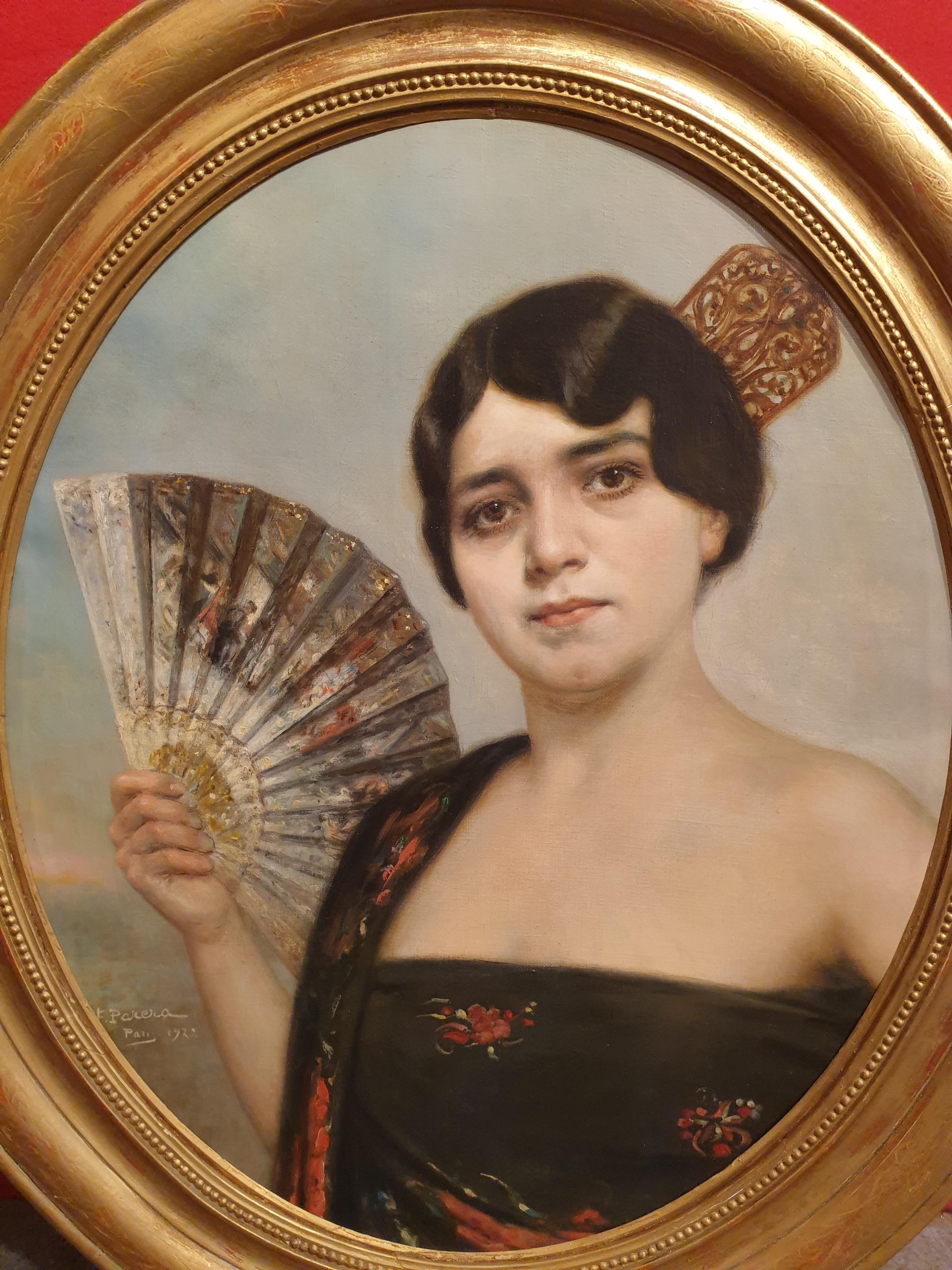 PARERA Retrato abanico mujer elegante española Belle Epoque XX - Painting Art Nouveau de Francisco PARERA