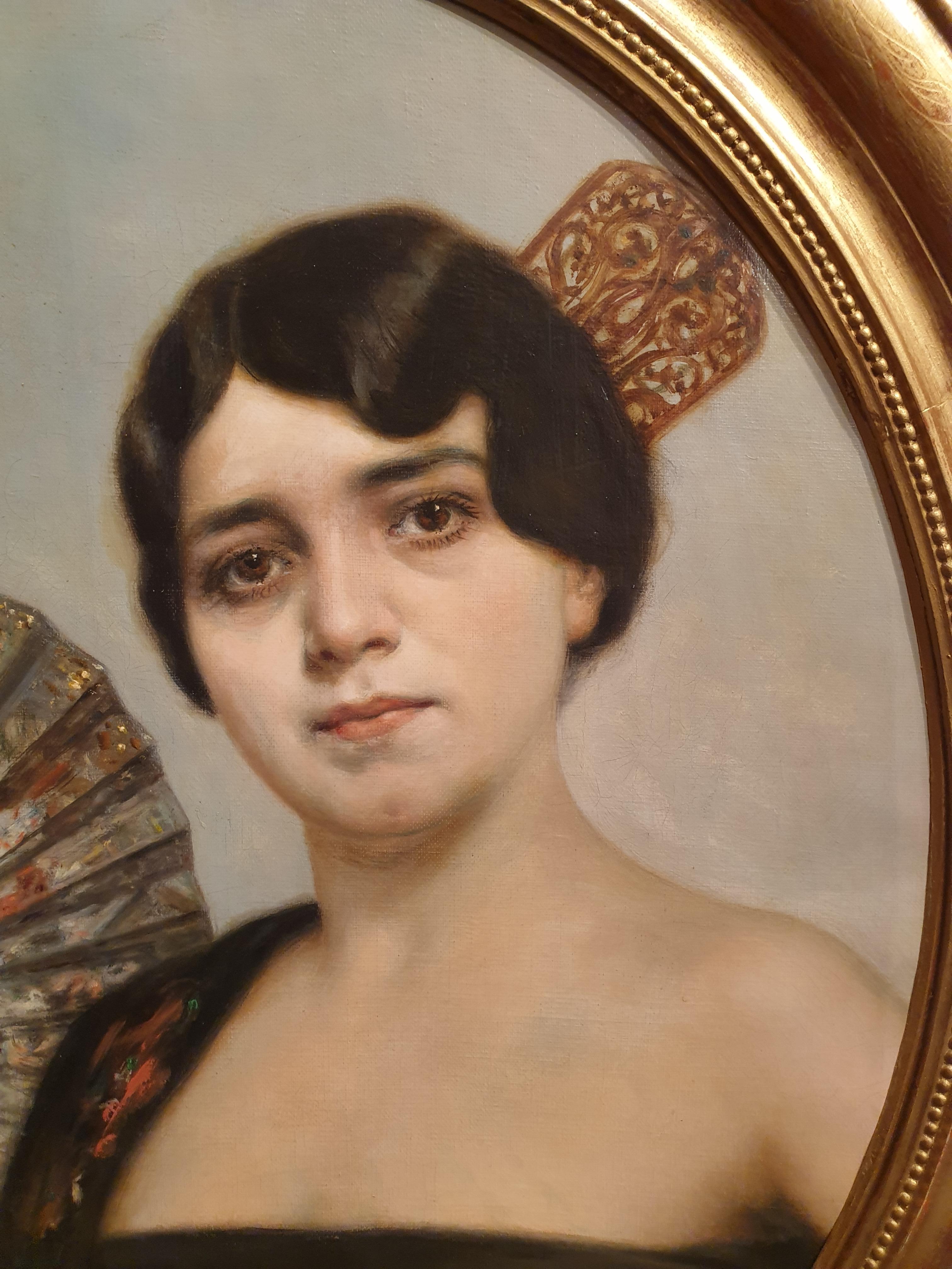 PARERA Retrato abanico mujer elegante española Belle Epoque XX - Portrait Painting Marrón de Francisco PARERA