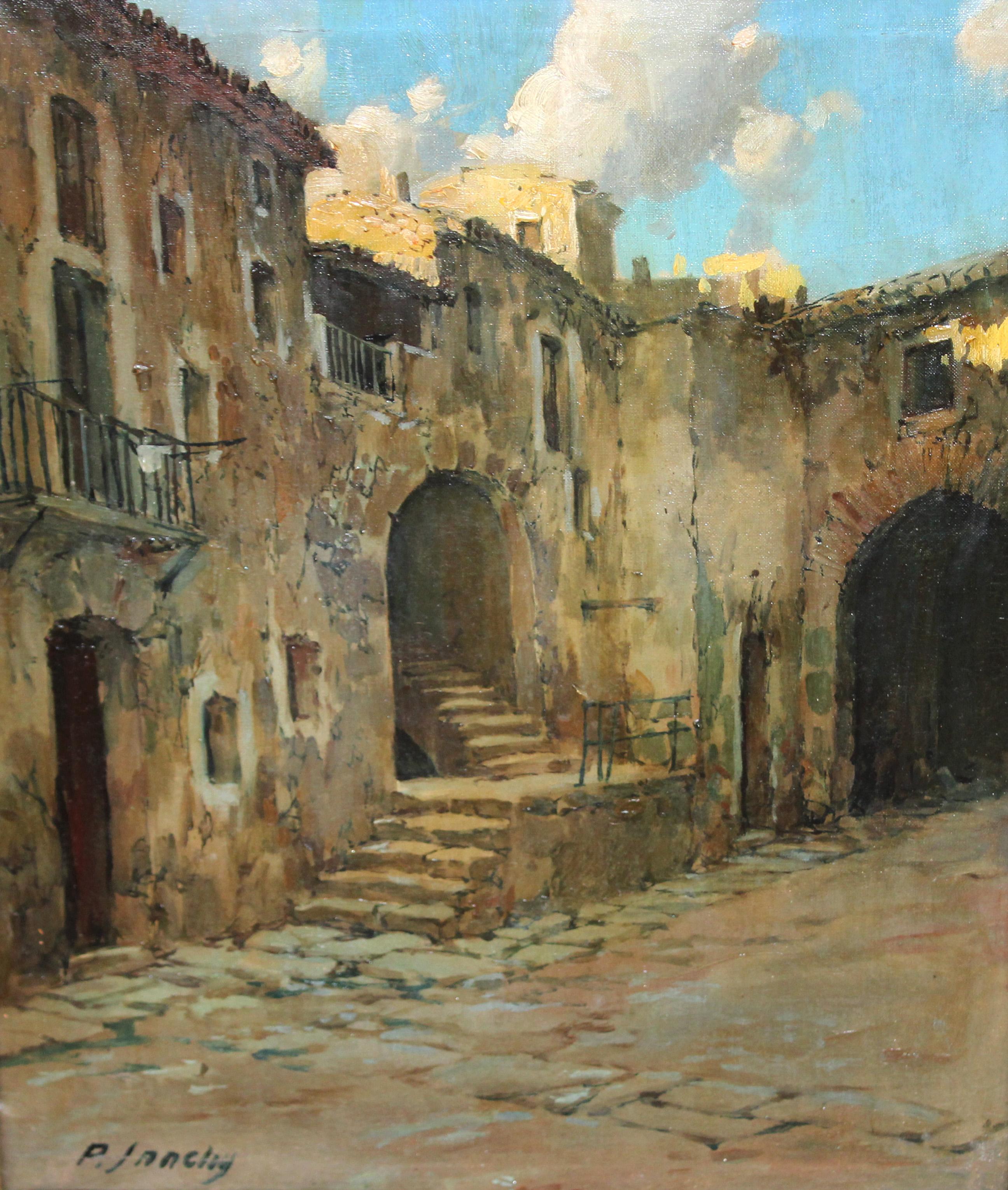 Francisco Payá Sanchís Landscape Painting - Óleo sobre tela - Pueblo rural