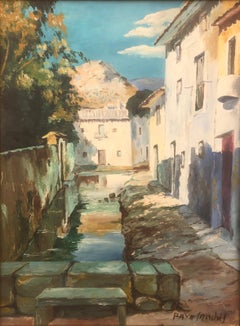 Vintage Valencia town landscape oil on canvas painting Spain
