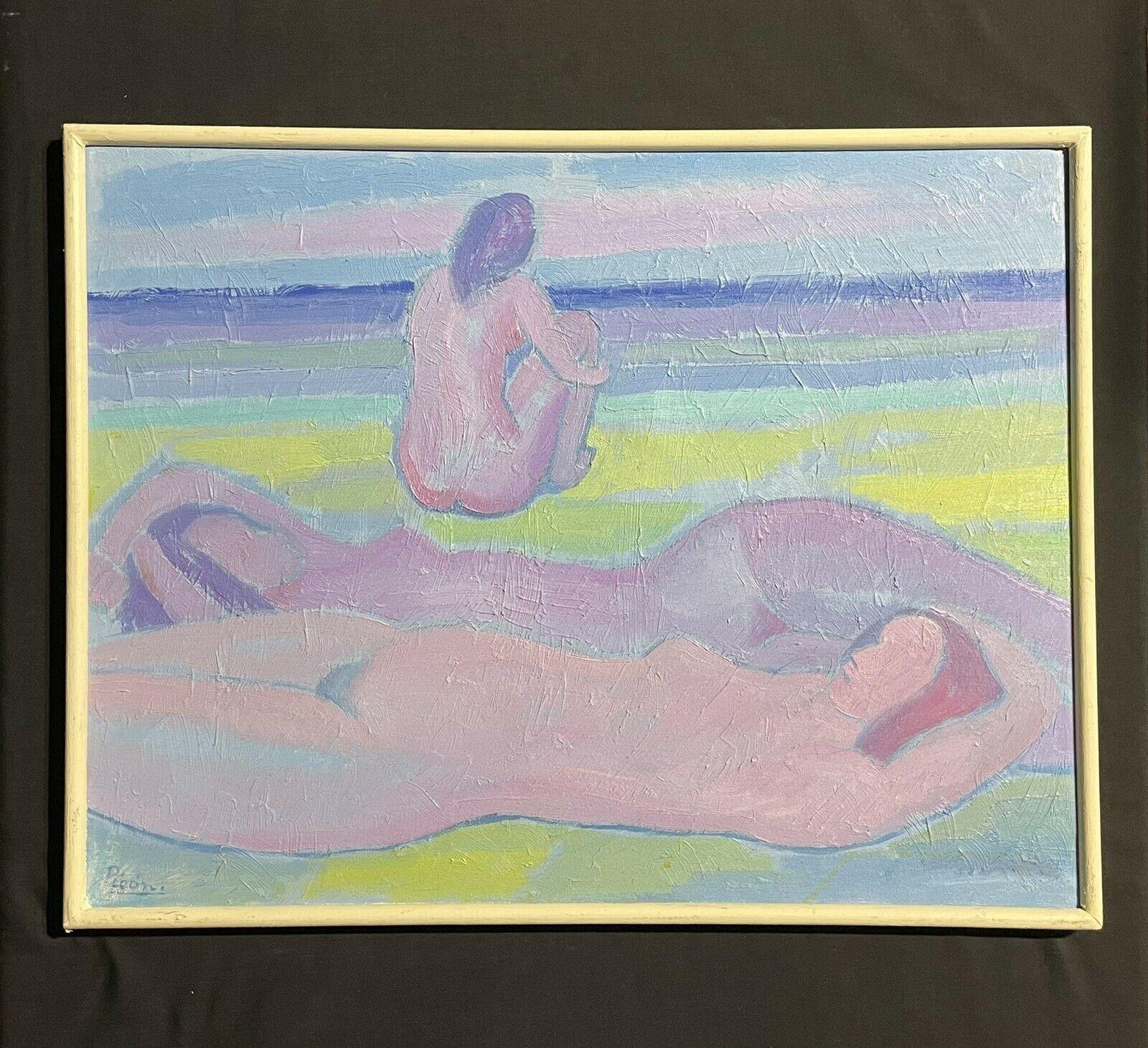 FRANCISCO PICON (1934-2016) SIGNED LARGE SYMBOLIST OIL - NUDES SUNBATHING BEACH - Painting by Francisco Picon