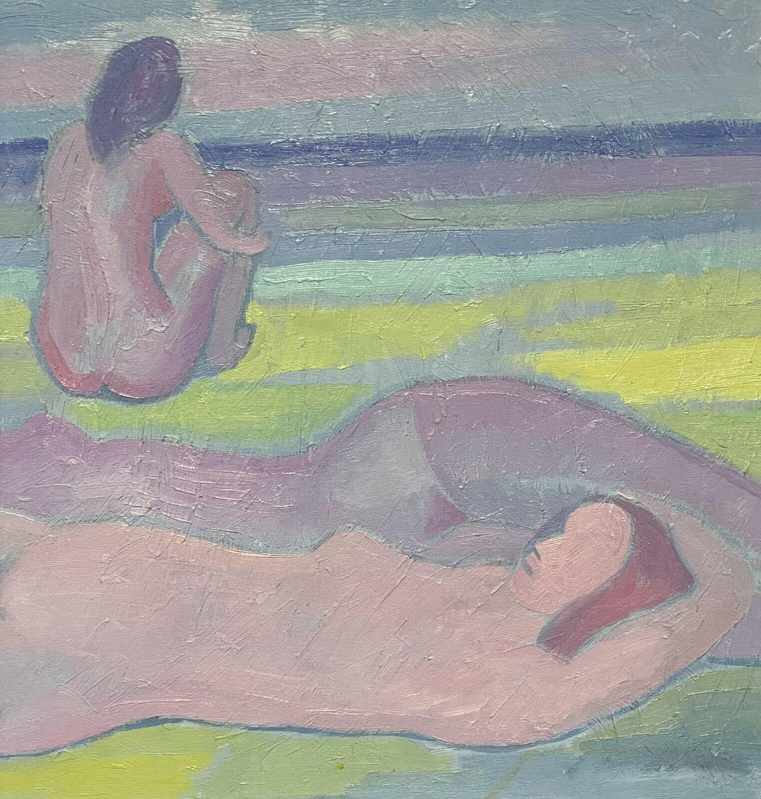 FRANCISCO PICON (1934-2016) SIGNED LARGE SYMBOLIST OIL - NUDES SUNBATHING BEACH - Gray Nude Painting by Francisco Picon