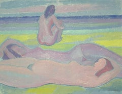 FRANCISCO PICON (1934-2016) SIGNED LARGE SYMBOLIST OIL - NUDES SUNBATHING BEACH