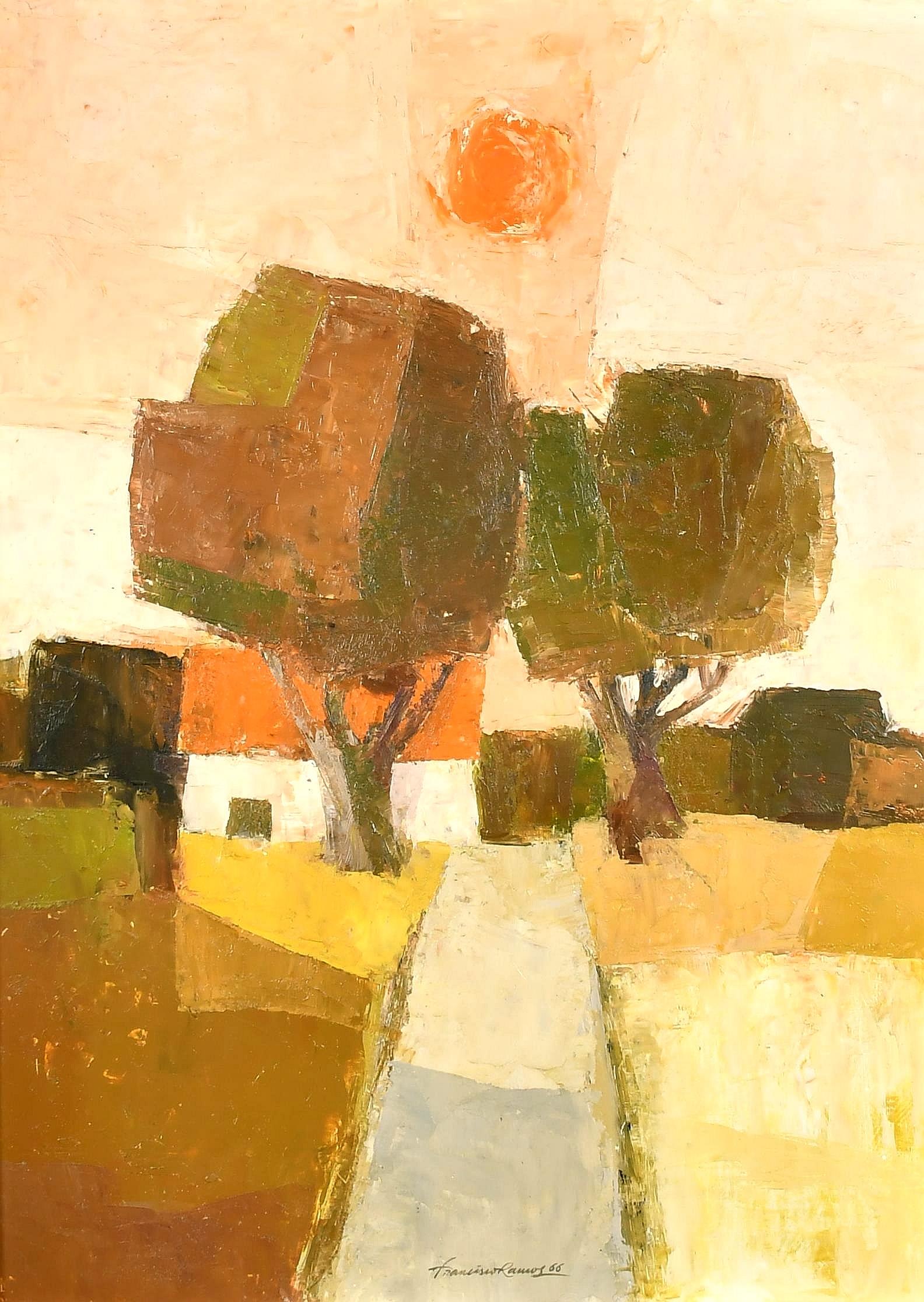 A beautiful signed and dated 1966 cubist oil on board depicting the sun setting over a Spanish landscape, by Francisco Ramos. Excellent quality work with a lovely warm feel. Signed and dated lower centre. Framed.

Artist: Francisco Ramos (Spanish,