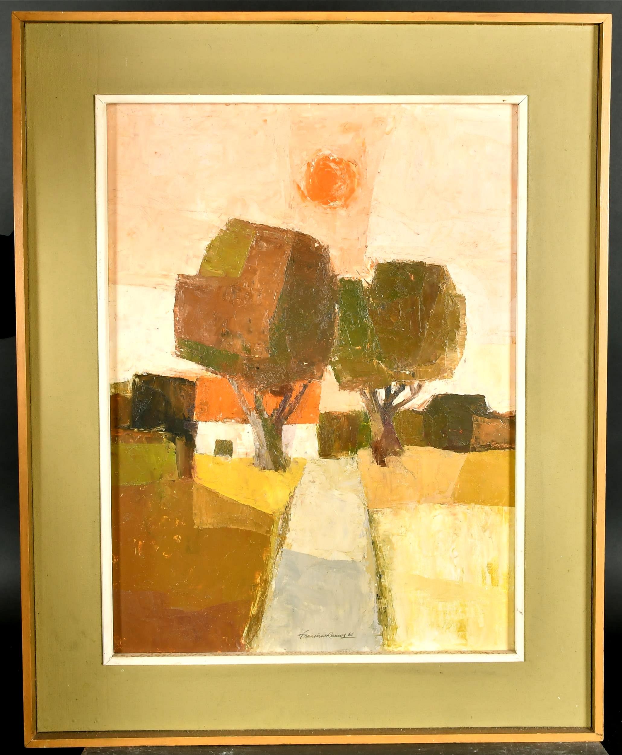 Paysage cubiste - Peinture espagnole du milieu du 20e siècle représentant un coucher de soleil, huile sur panneau