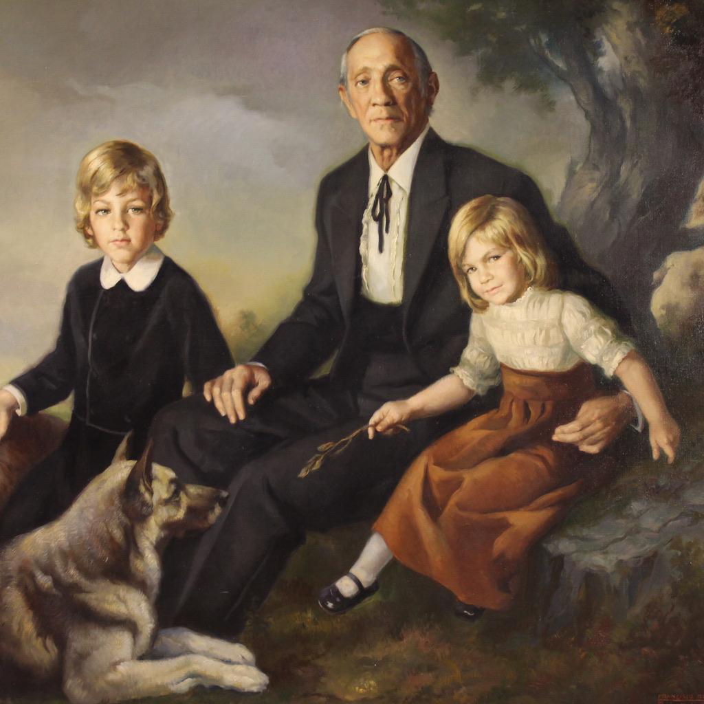 20. Jahrhundert Öl auf Leinwand Spanisch Signiert Ribera Familie Porträt Gemälde, 1972 (Black), Figurative Painting, von Francisco Ribera Gomez