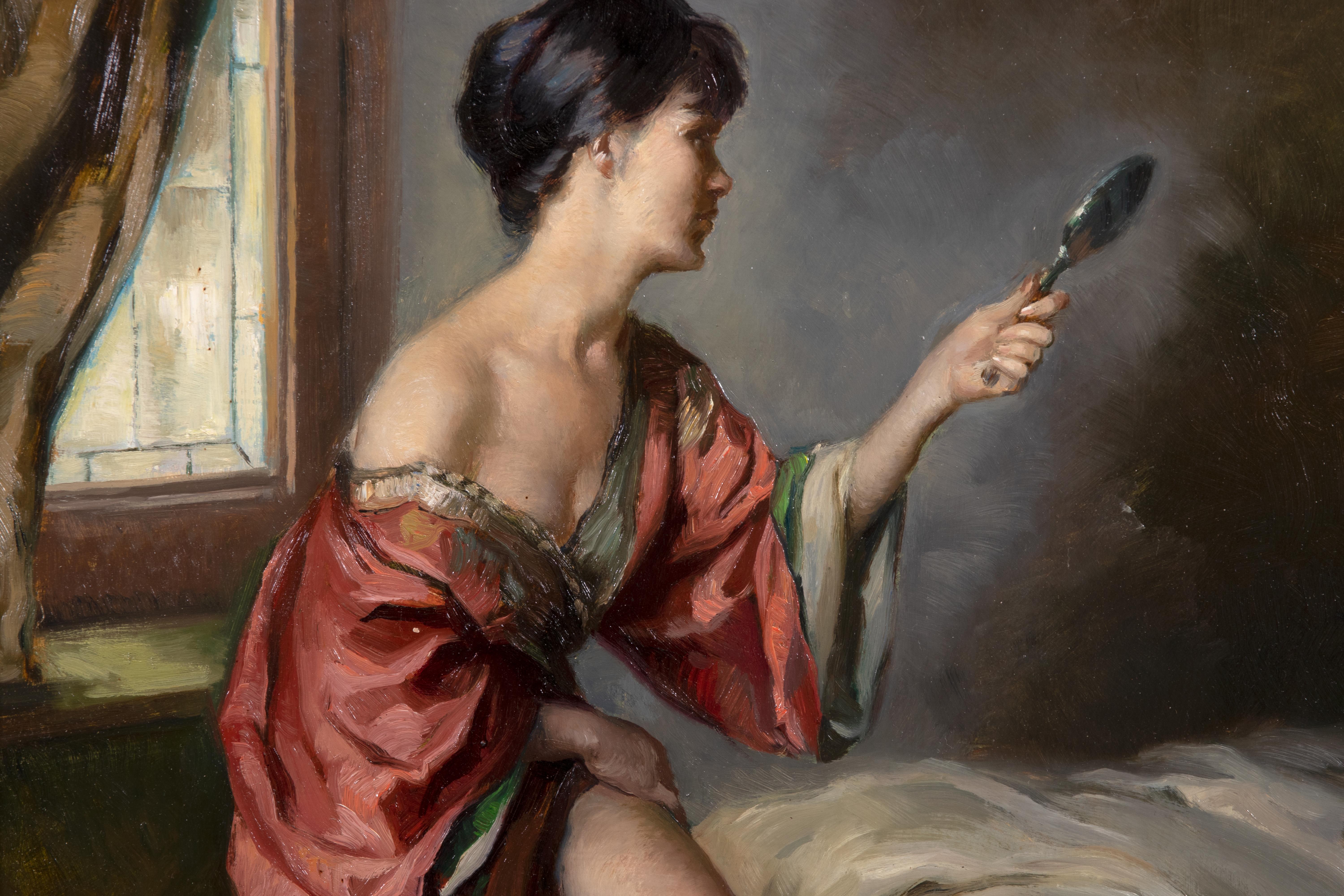Girl at the Morning Toilet (Fille au toilette du matin) - Huile sur carton rigide de Francisco Ribera Gomez  1962 en vente 1
