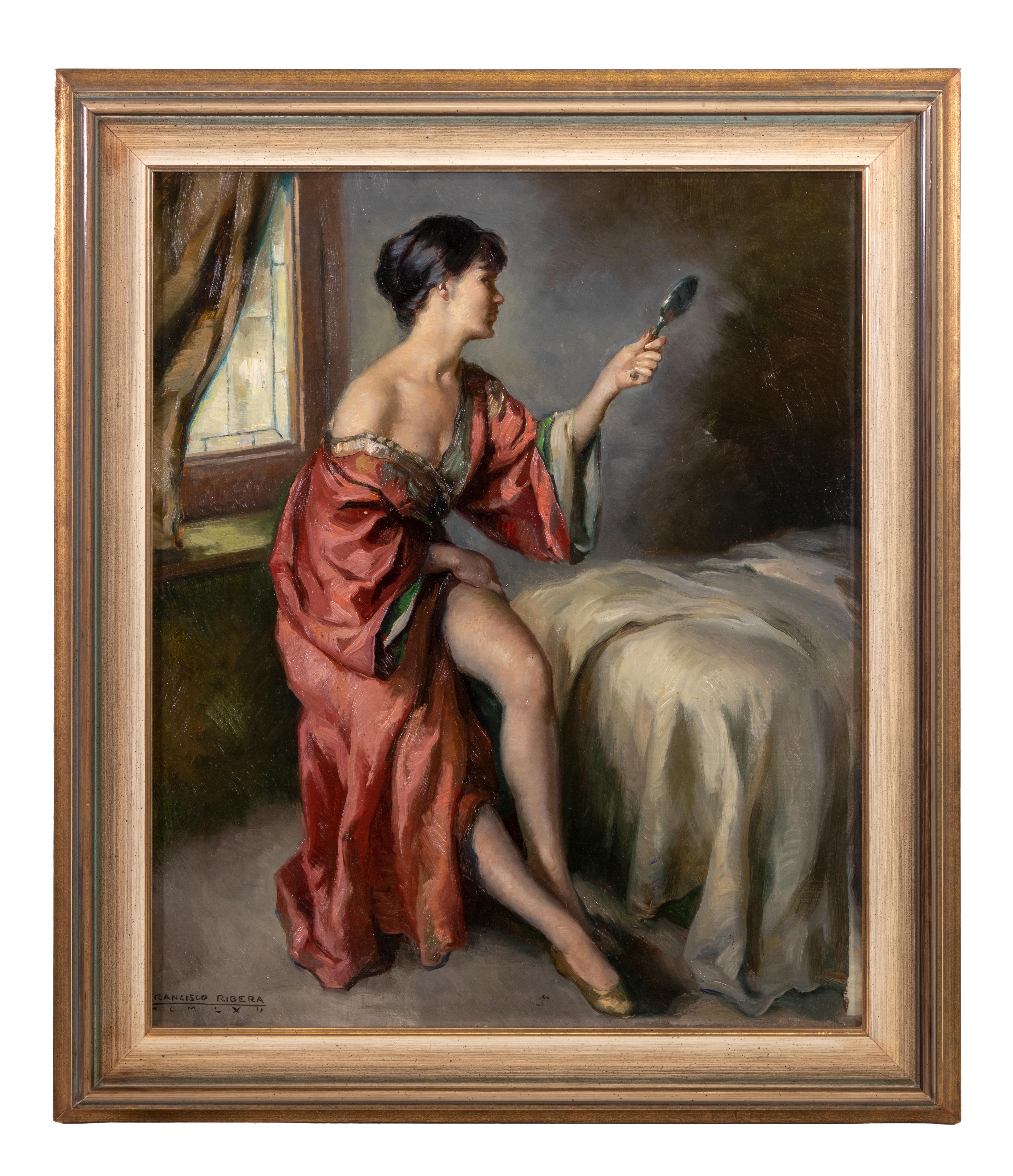 Girl at the Morning Toilet - Oil on hardboard by Francisco Ribera Gomez -  1962 For Sale 1