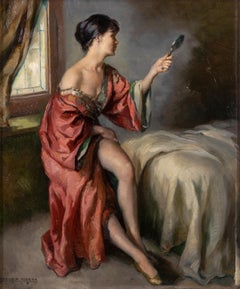 Muchacha en el retrete matutino - Óleo sobre cartón de Francisco Ribera Gomez -  1962