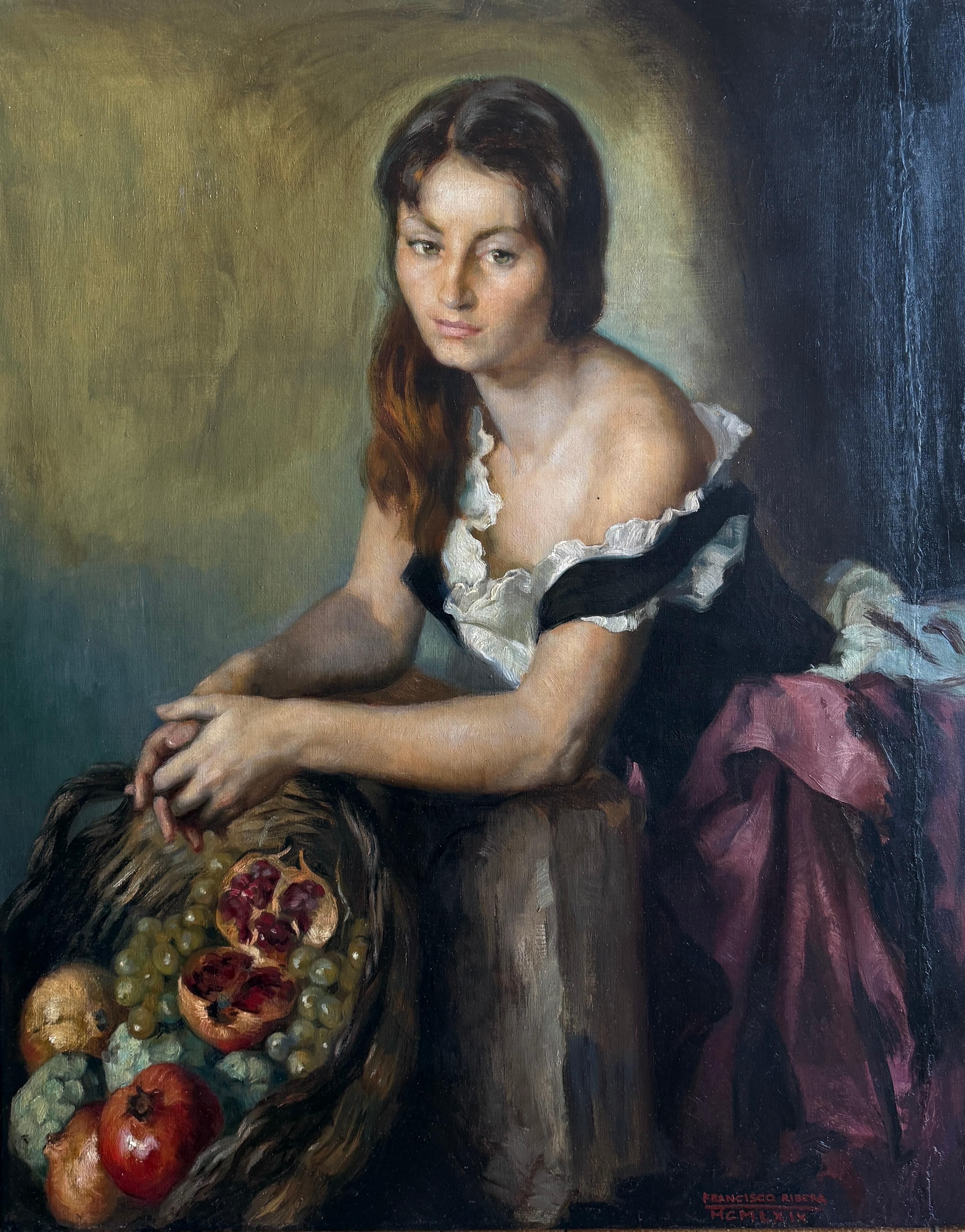 Francisco Ribera Gomez Portrait Painting - Offering oil on canvas painting young woman