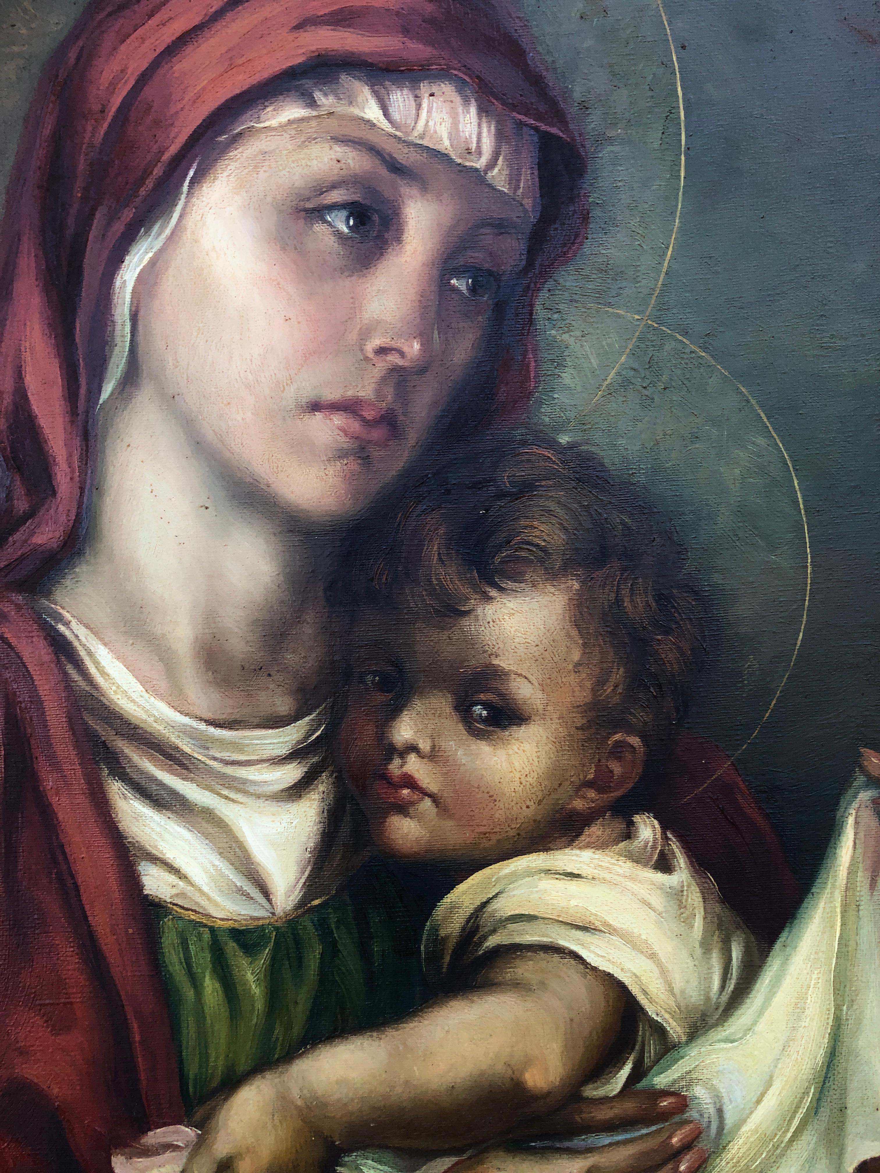 Quadro ad olio su tela della Vergine Maria e del Bambino Gesù - Figurative Painting Nero di Francisco Ribera Gomez