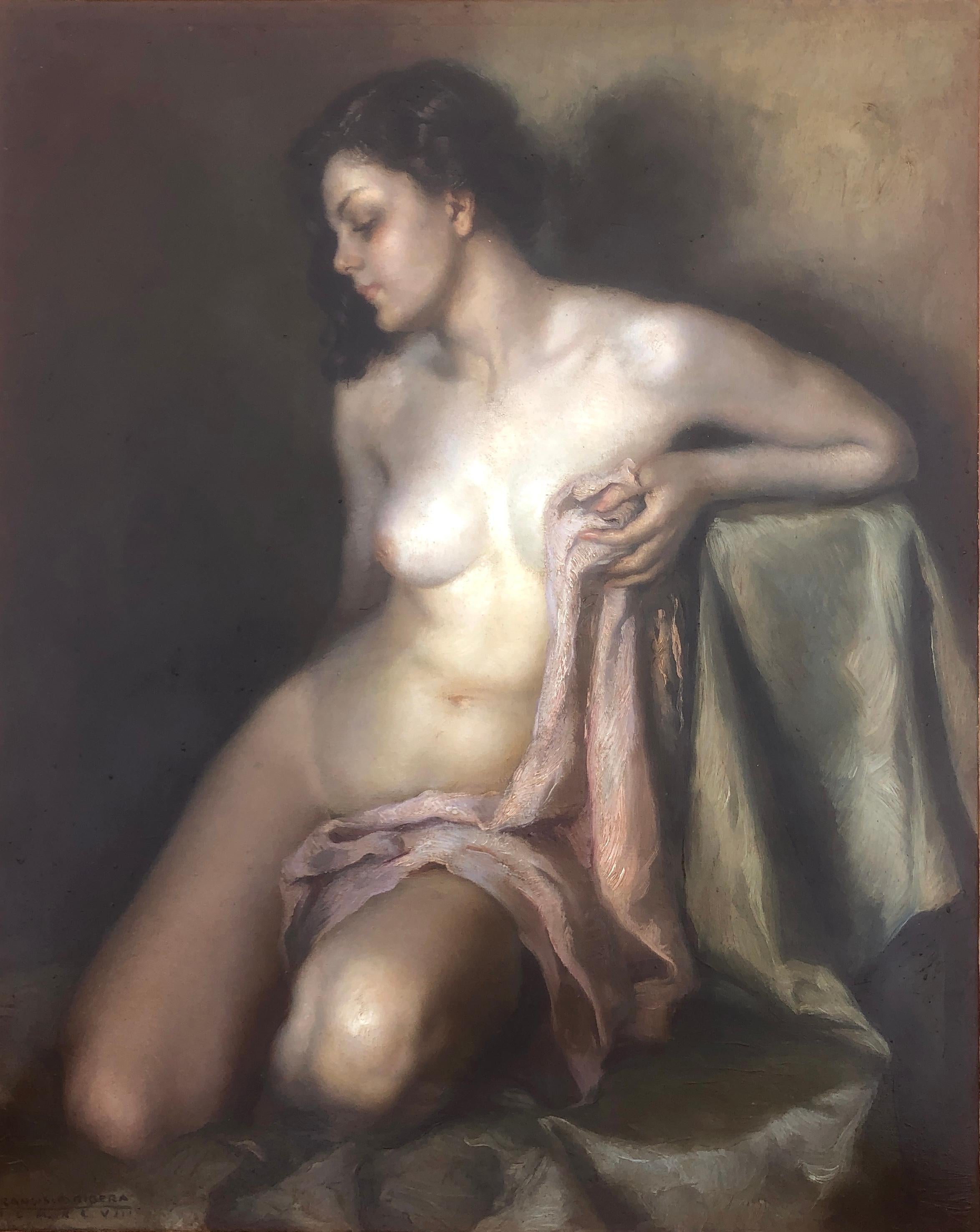 Nude Painting di Francisco Ribera - Pittura originale ad olio su tela di una donna nuda