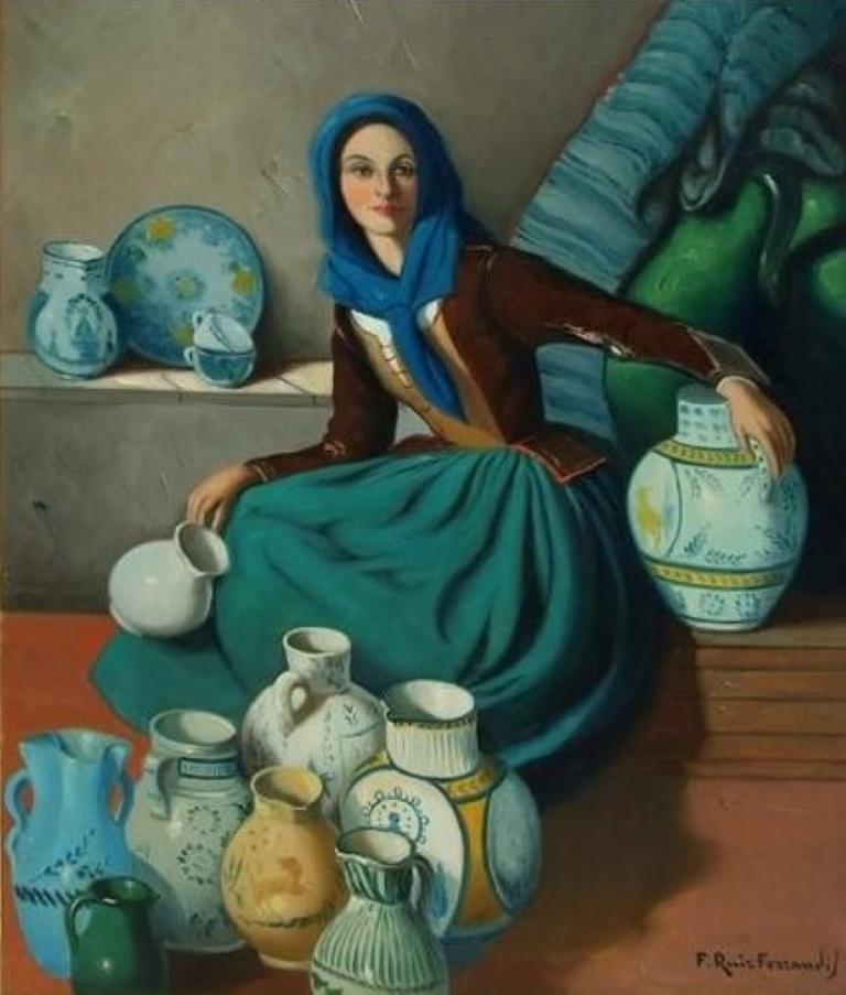 Francisco Ruiz Ferrandis (1909-1992) Figurative Painting – Schönes spanisches signiertes Ölgemälde – Der Verkäufer des Topfes. Porträt einer Dame, grün und blaugrün
