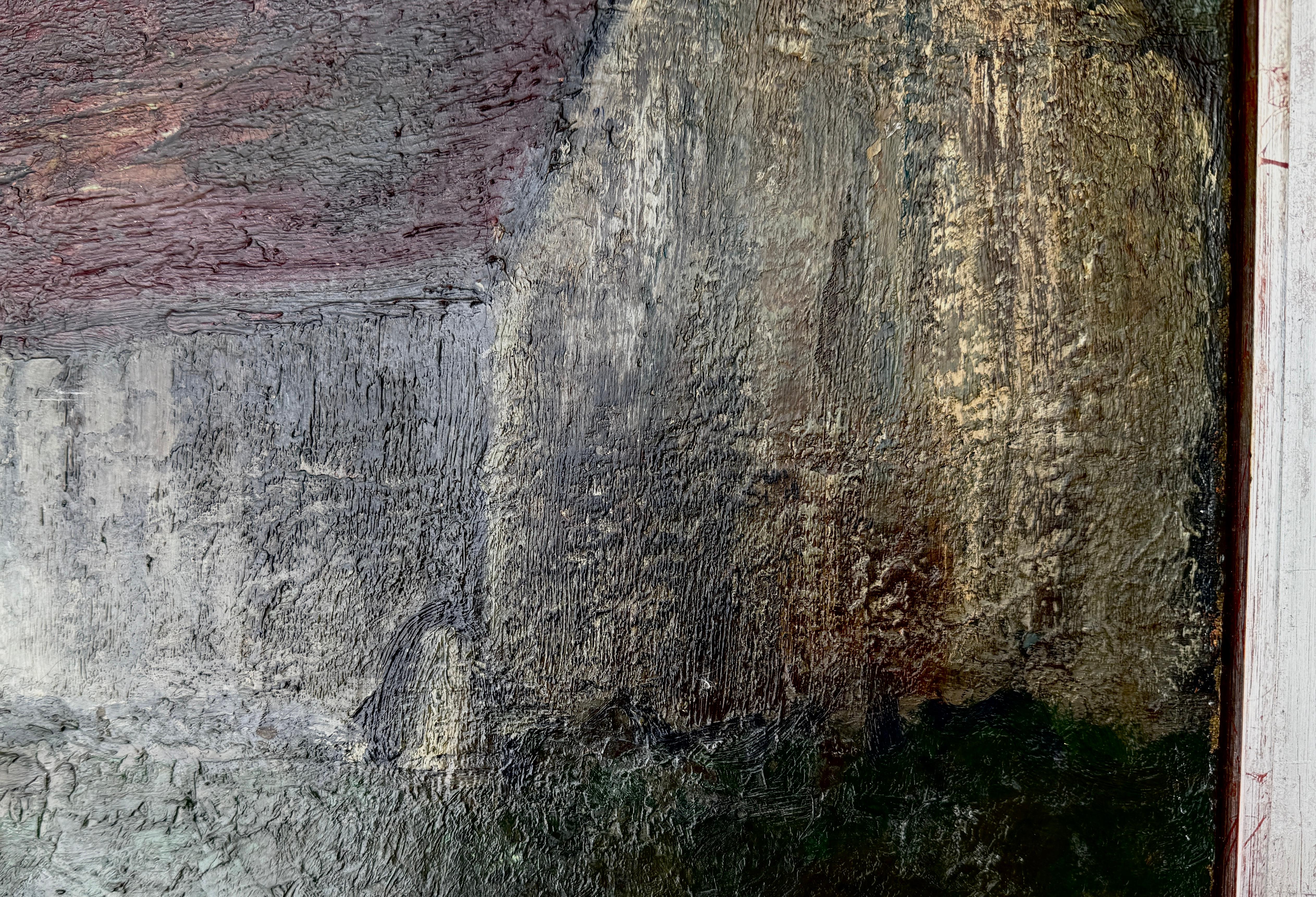 Maisons dans le crépuscule huile sur toile paysage expressionniste - Noir Landscape Painting par Francisco Sales