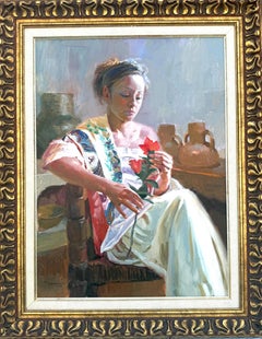 Frau mit roter Blume Öl auf Leinwand Gemälde